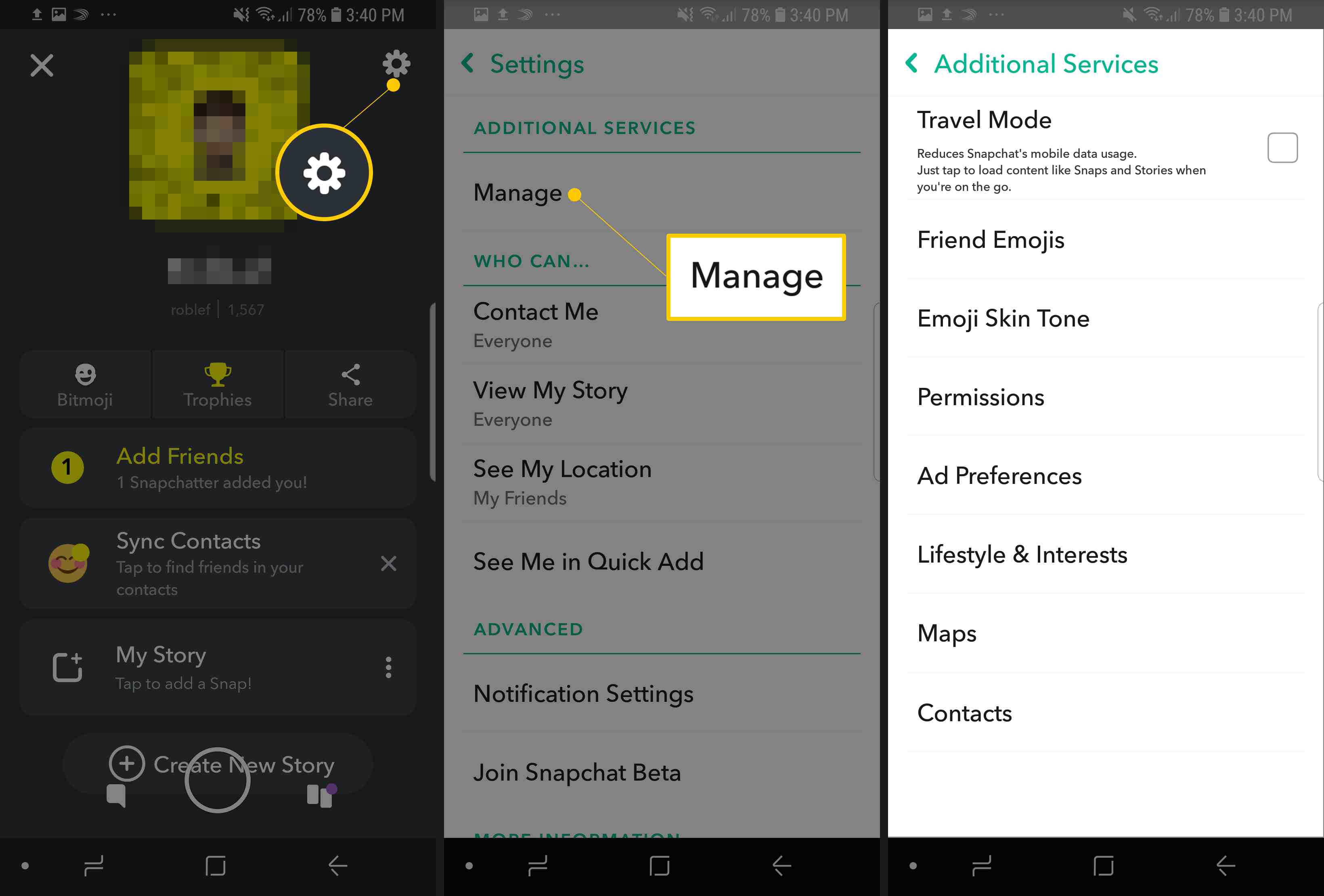 Tre Snapchat för Android-skärmar som visar Gear-ikonen, knappen Hantera och sidan Extra tjänster