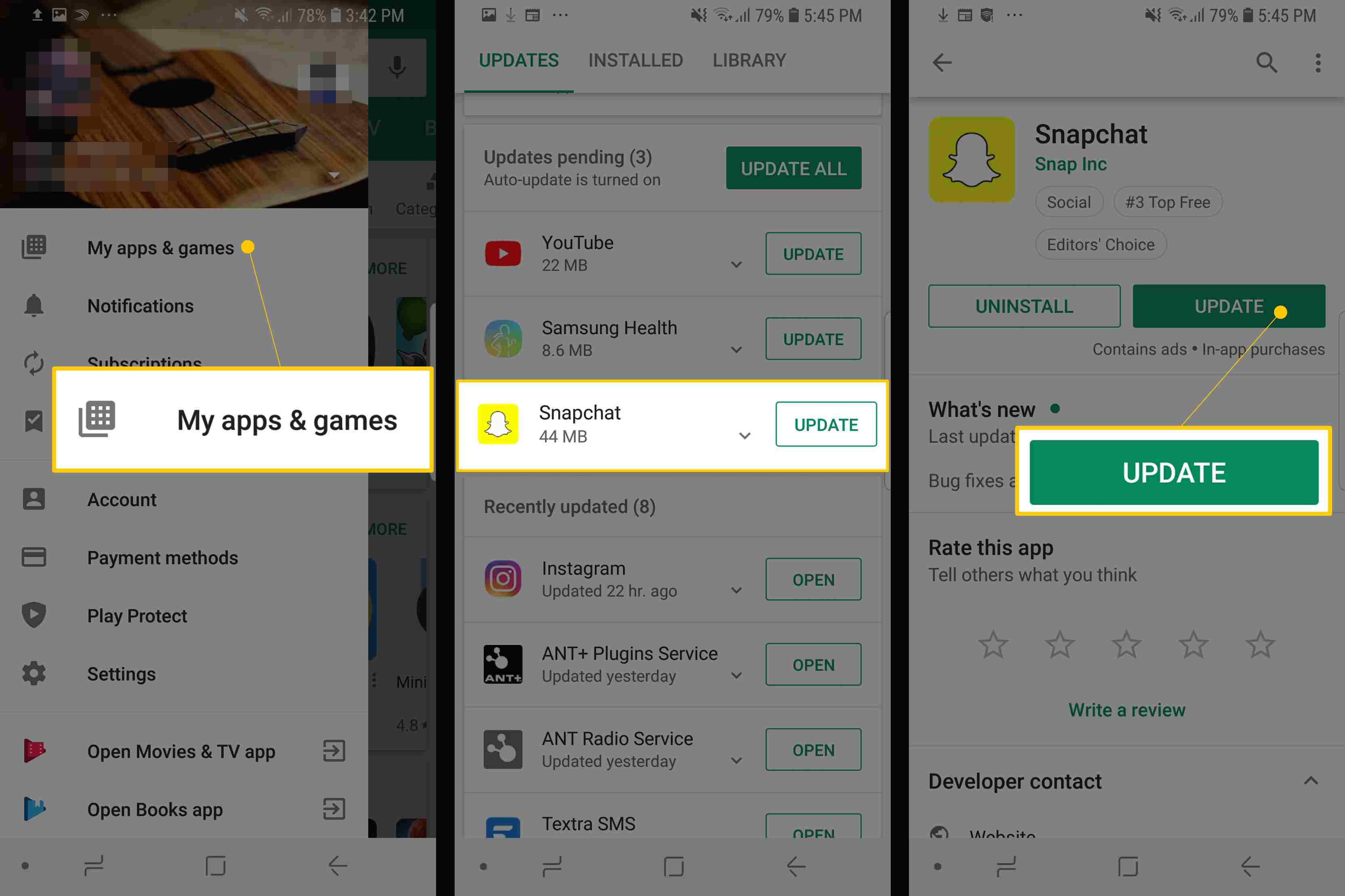Tre Snapchat för Android-skärmar som visar Mina appar och spel, Snapchat-uppdatering i listan och Uppdateringsknapp