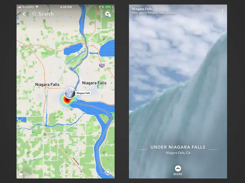Två skärmdumpar av Snap Map på Snapchat-appen för iOS.