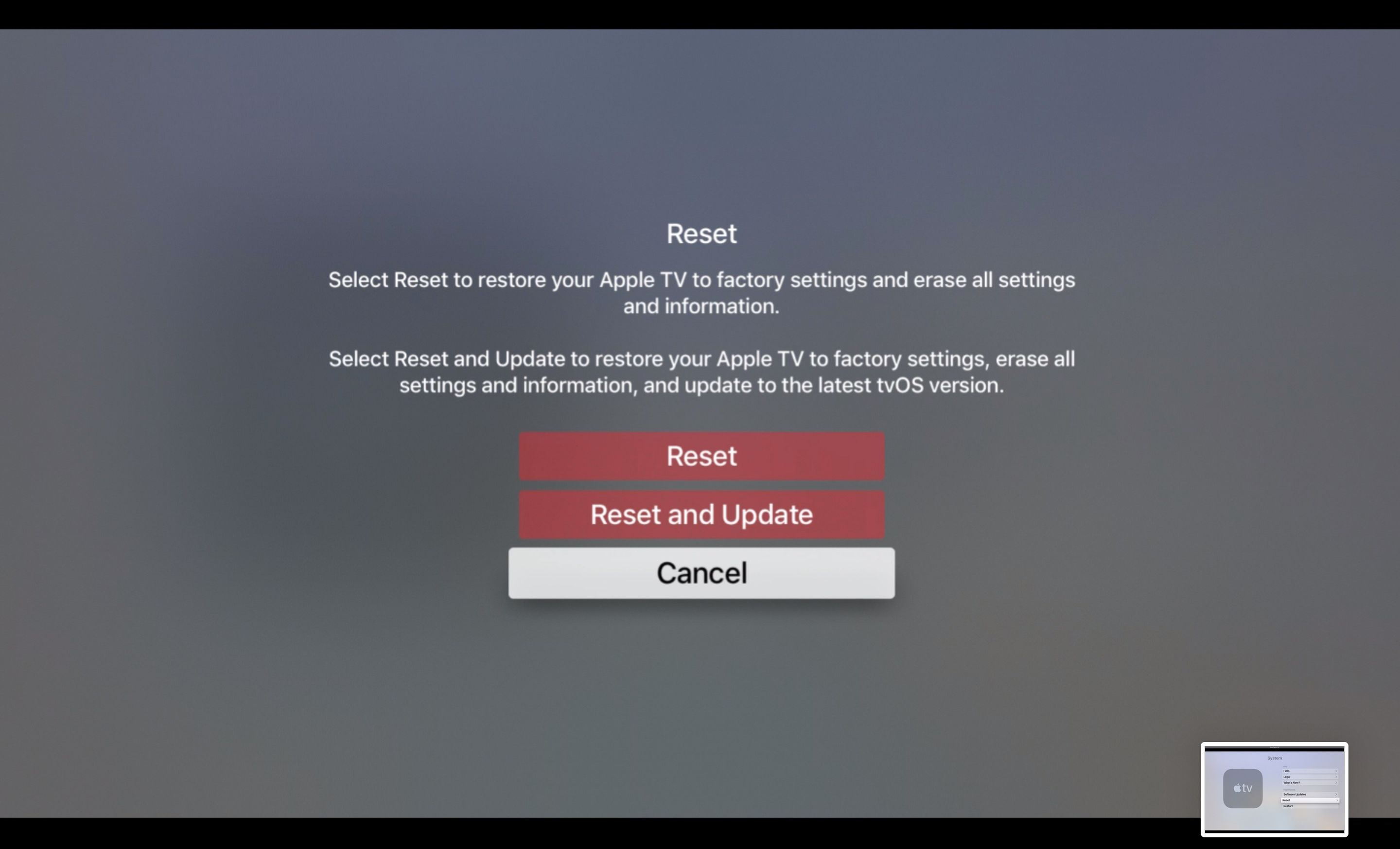 Återställ, Återställ och uppdatera eller Avbryt på Apple TV-återställningsskärmen