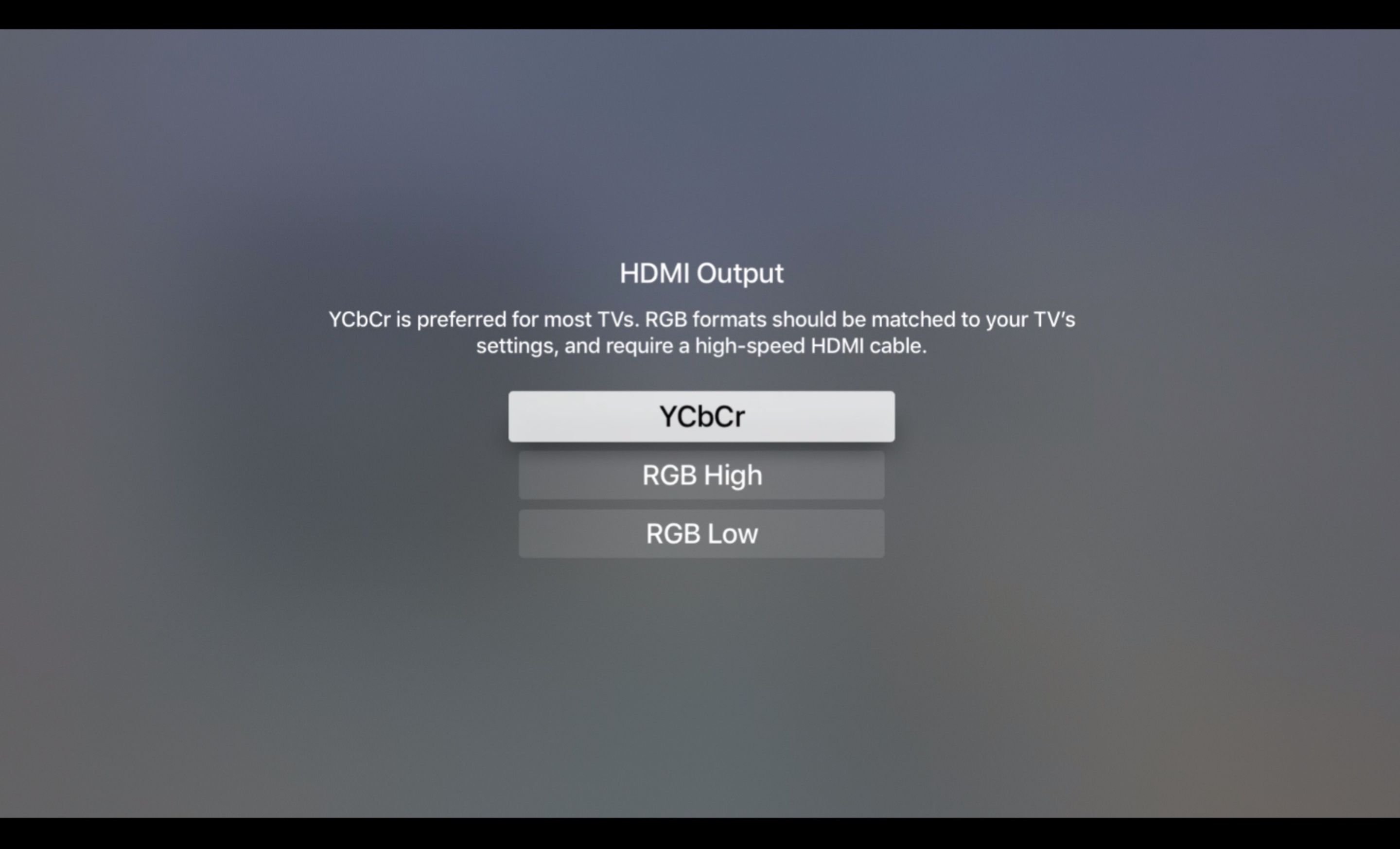 HDMI-utgångsskärm på Apple TV, inställd på YCbEr