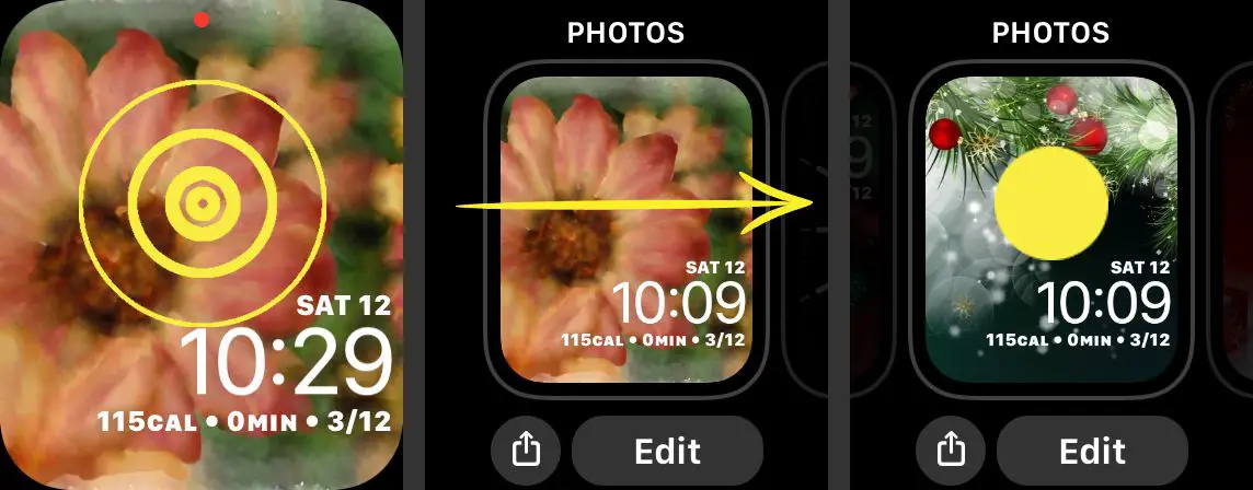 Skärmbilder som visar hur man väljer ett nytt ansikte på Apple Watch.