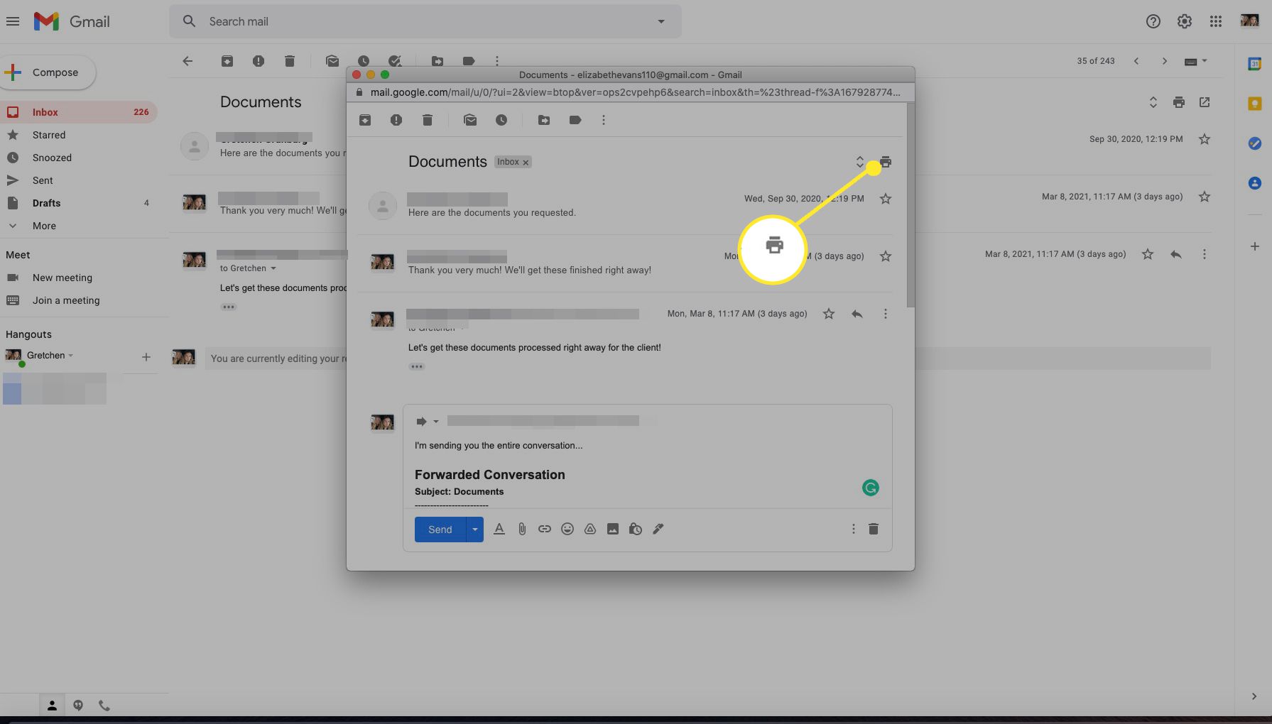 Skriv ut-knapp i Gmail Nytt fönster-popup