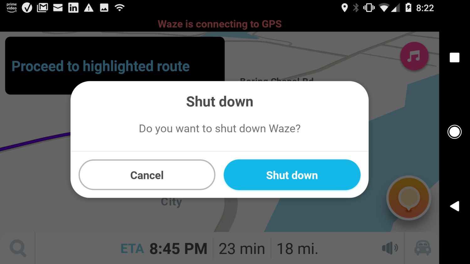 Skärmdump för att avsluta navigering på Waze