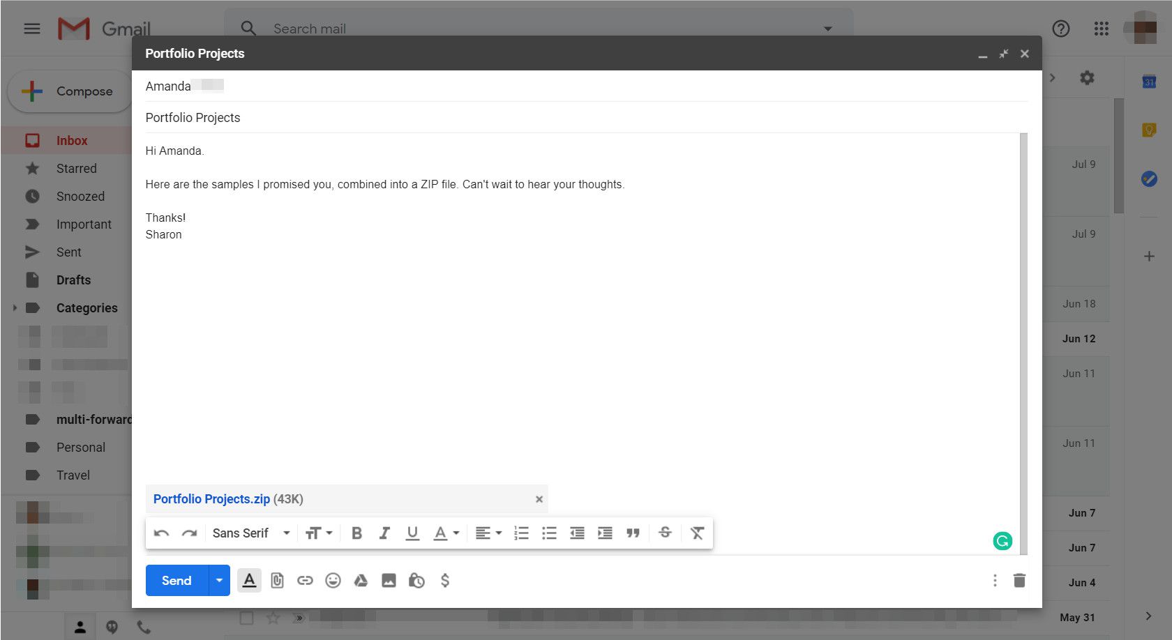 Gmail-kompositionsfönster med ZIP-fil bifogad