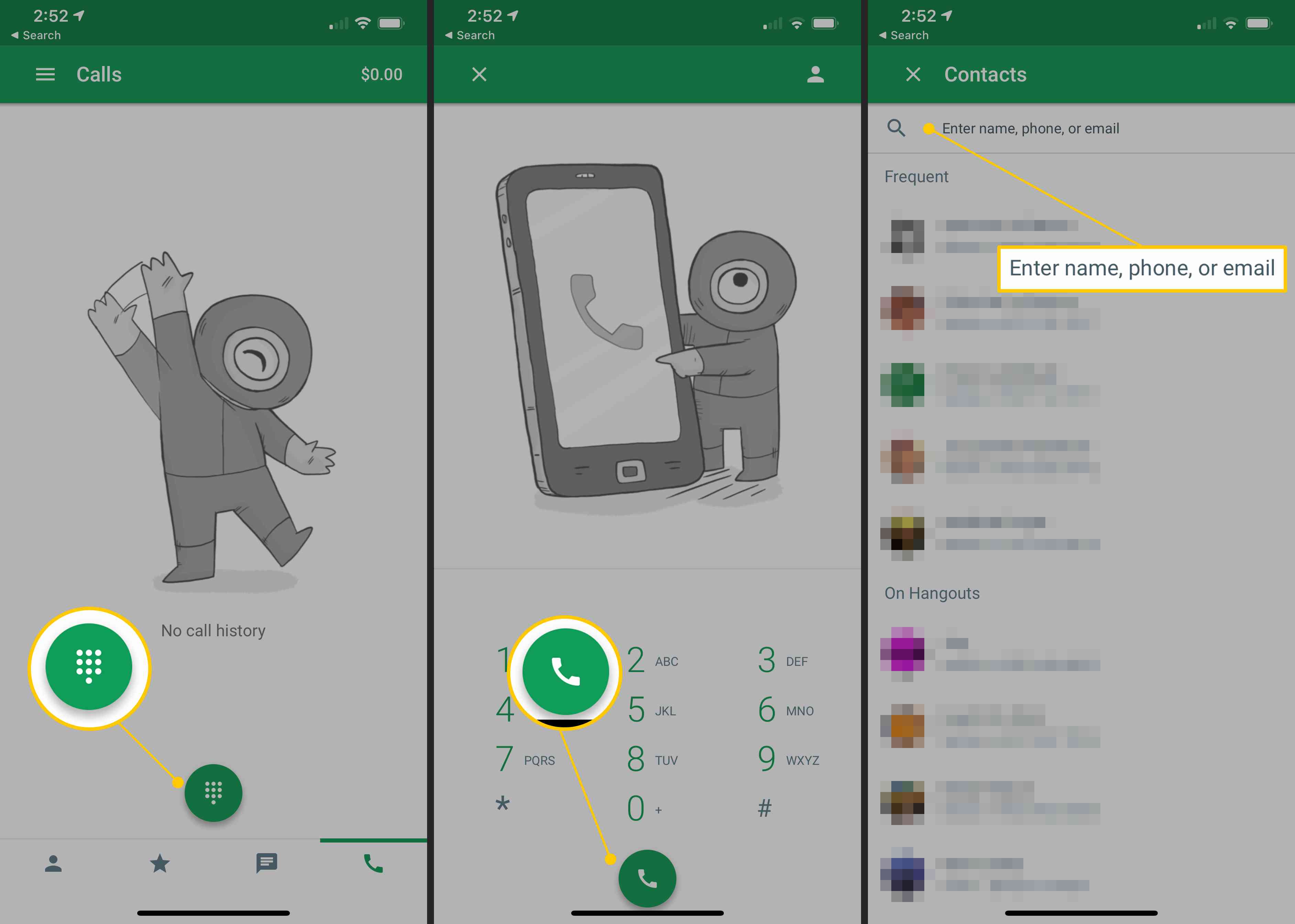 Uppringare, telefonsamtalssymbol, kontaksökning i mobil Hangouts-app på iOS