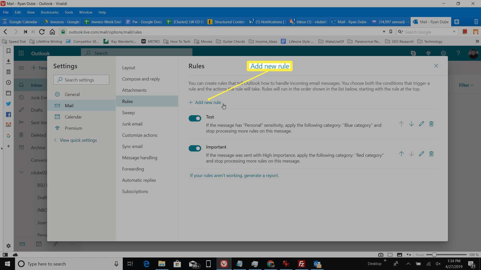 Skärmdump av Lägg till ny regel i Outlook online.