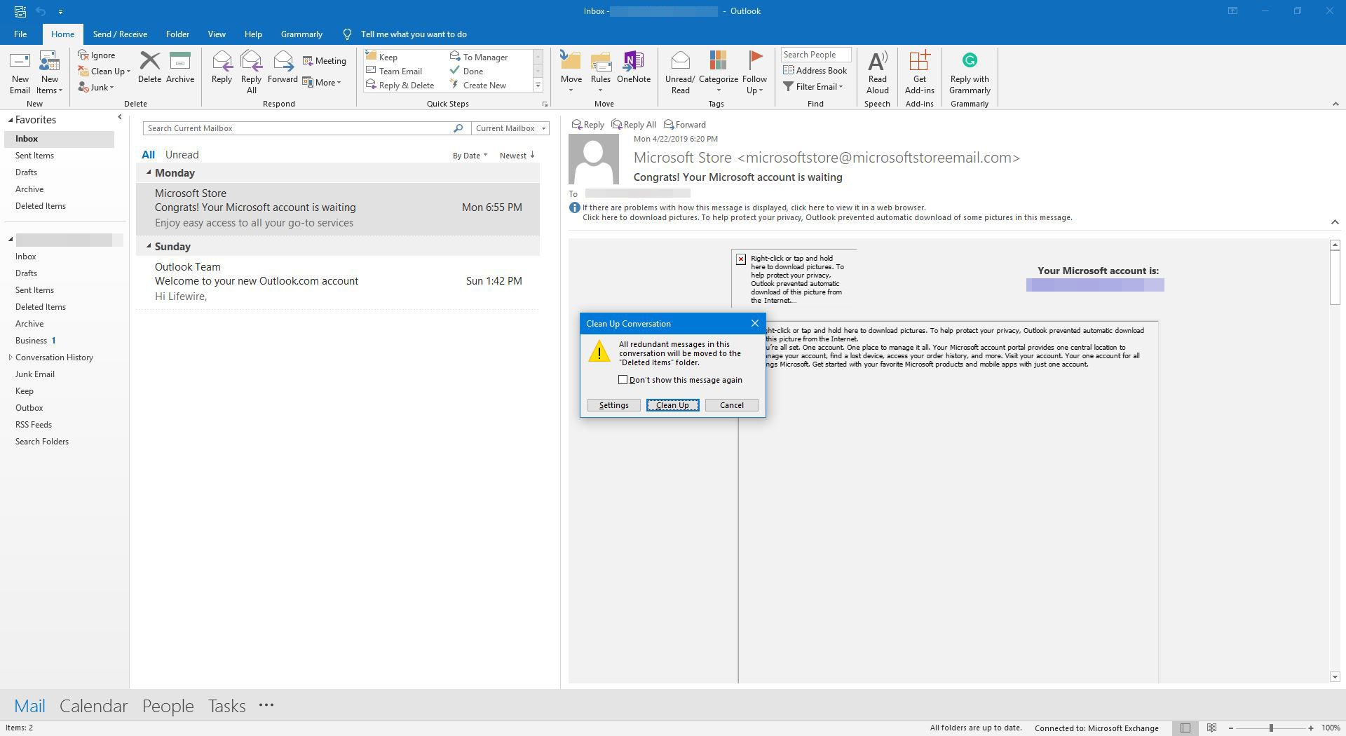 Bekräftelse på att flytta överflödiga e-postmeddelanden i Outlook.