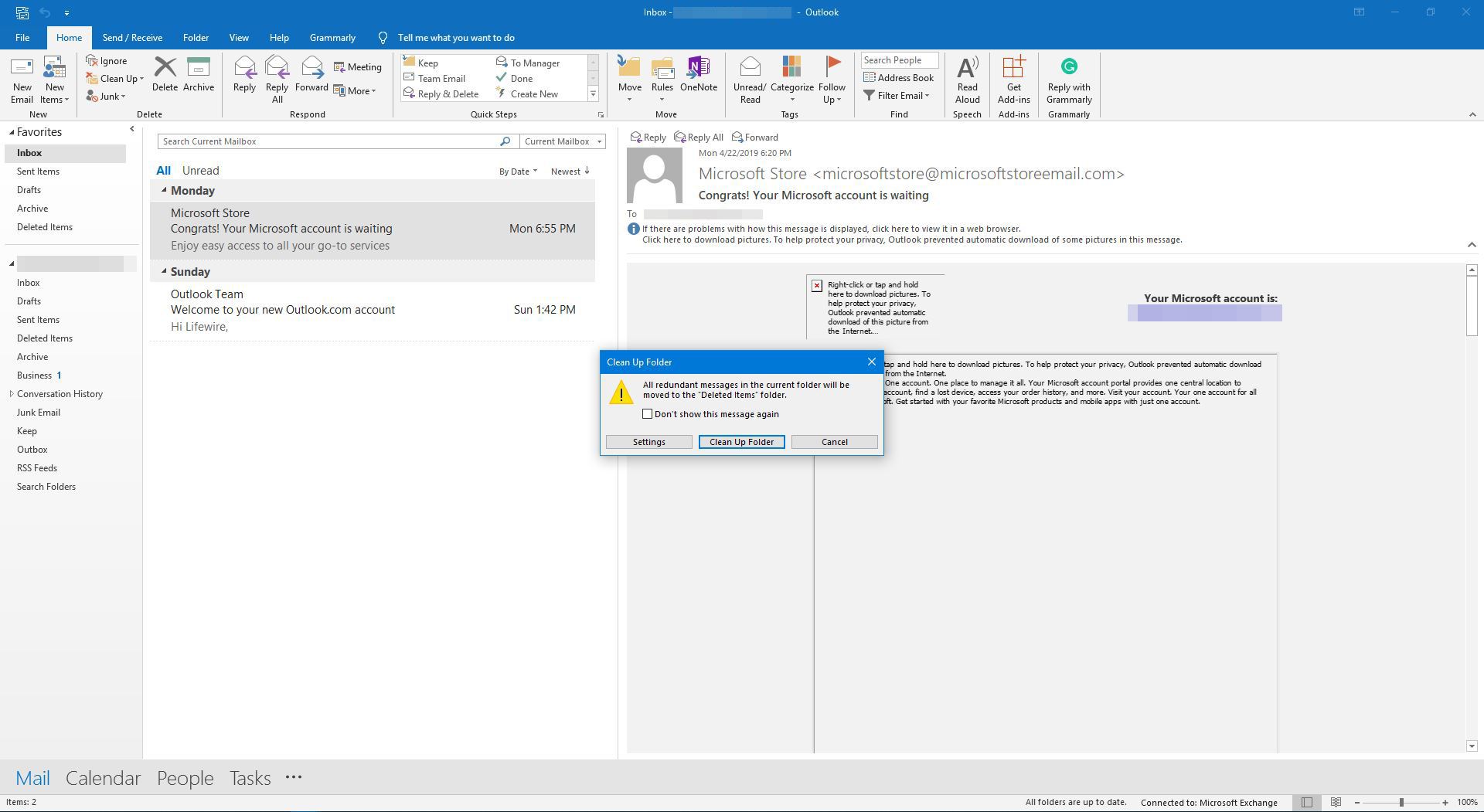 Bekräfta rensningsmarkeringen till borttagna objekt i Outlook.