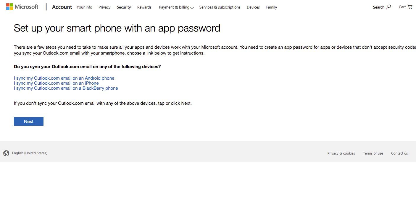 Skärmdump för att ställa in smartphone med applösenord