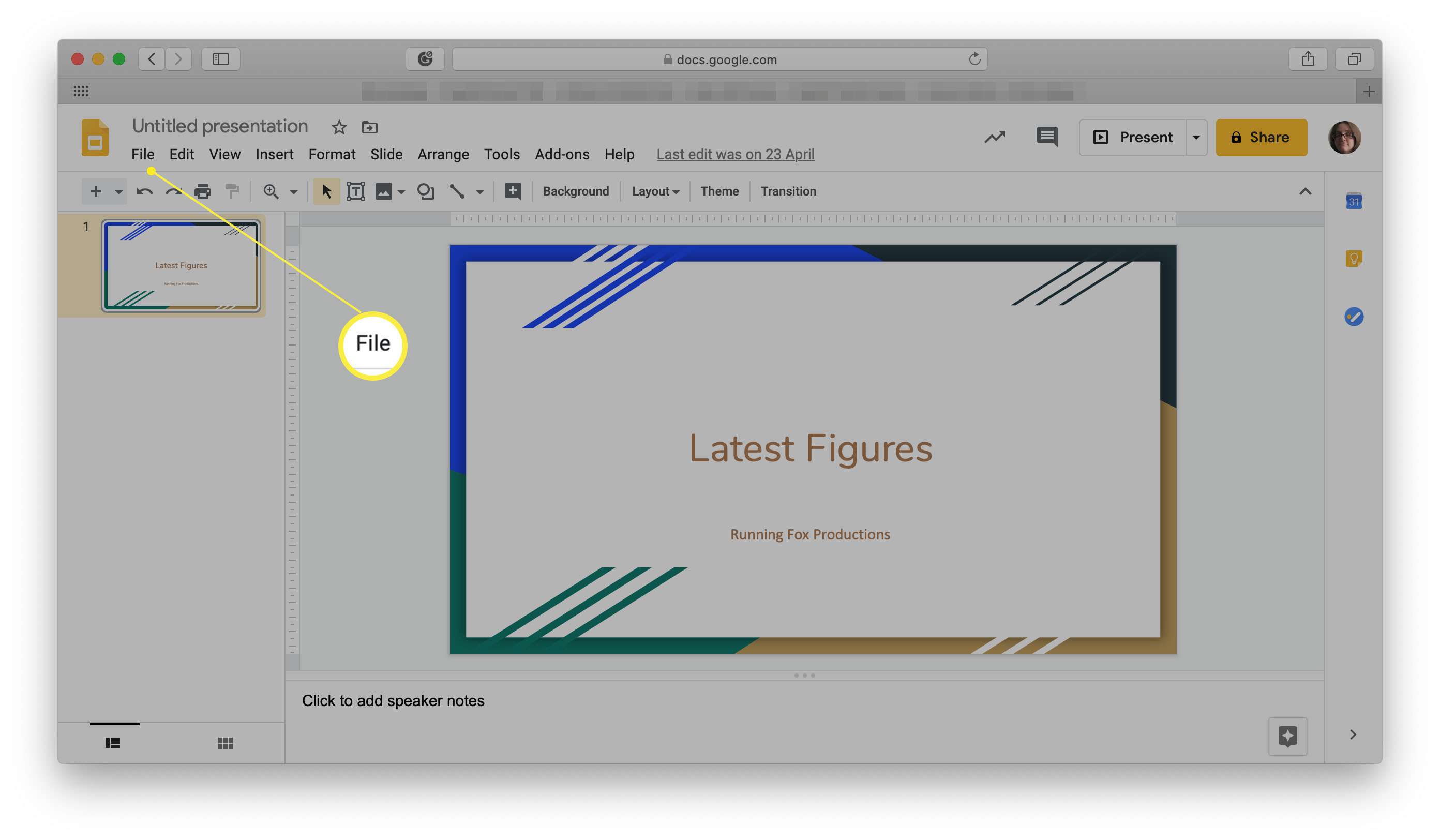 Google Slides med File-menyn markerad