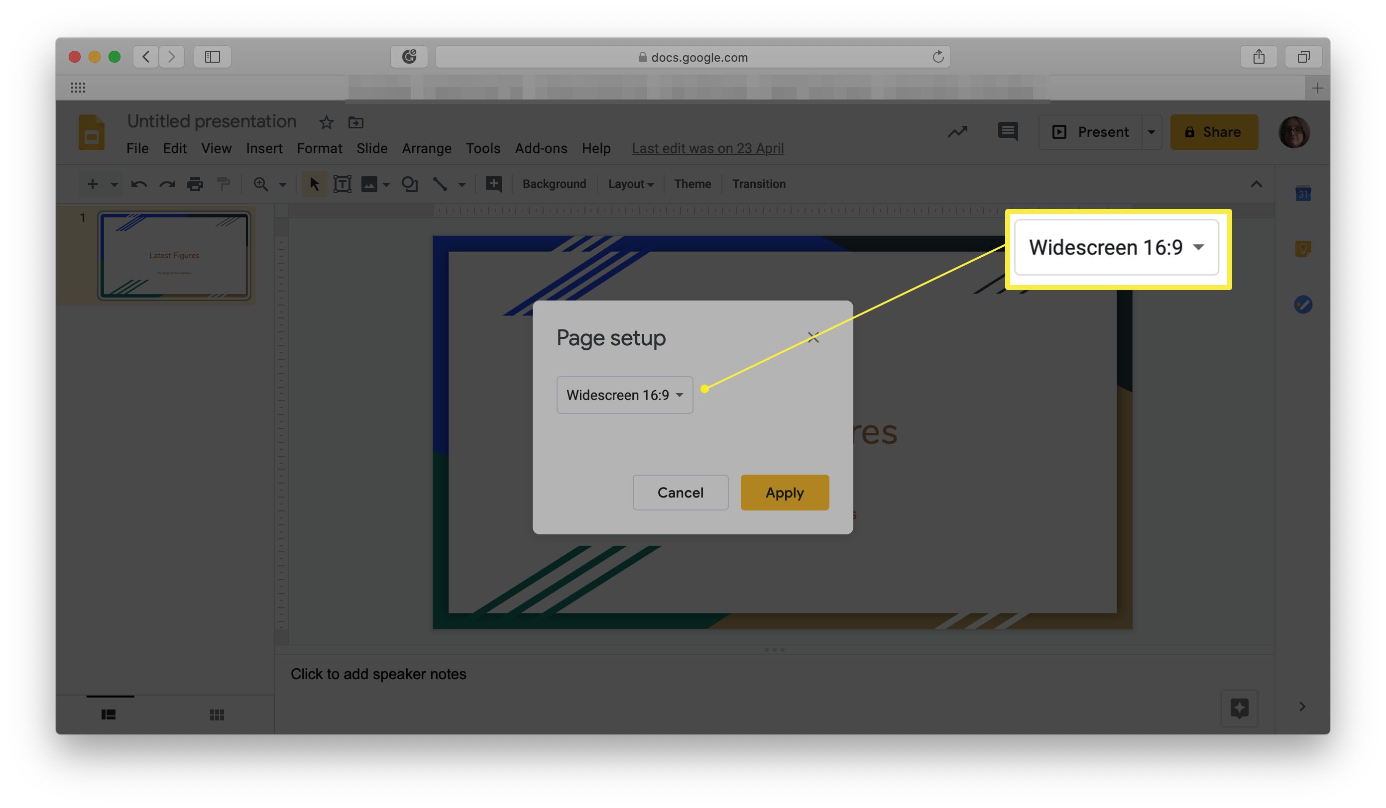 Google Slides med menyn Page Setup är öppen