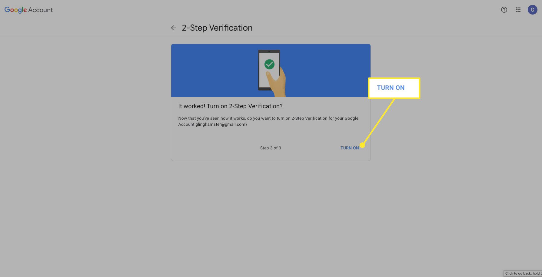 Google 2-stegs verifieringsskärm med "Slå på" markerat
