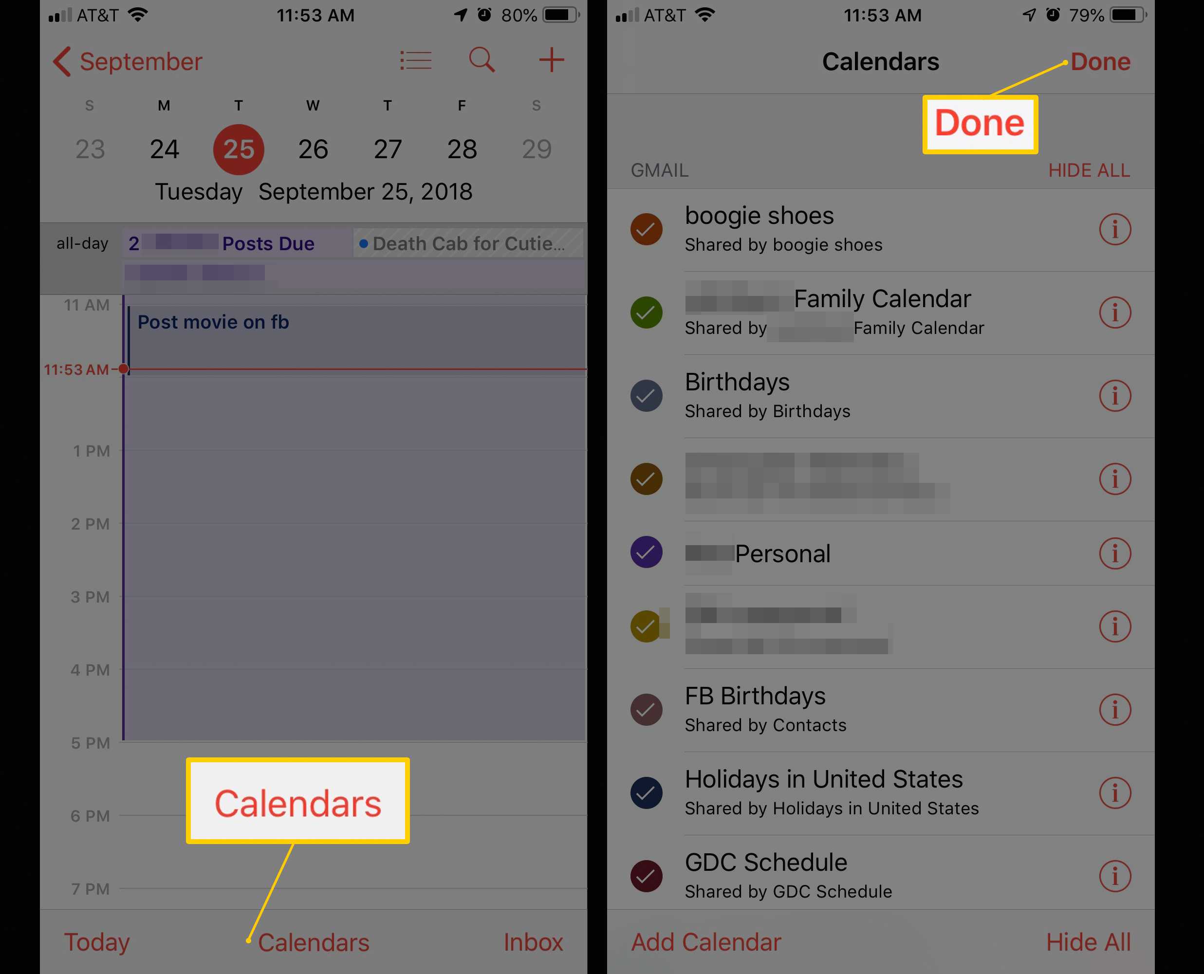 Två iOS-skärmar som visar lägg till Kalender-knappen i Kalender-appen och Klar-knappen