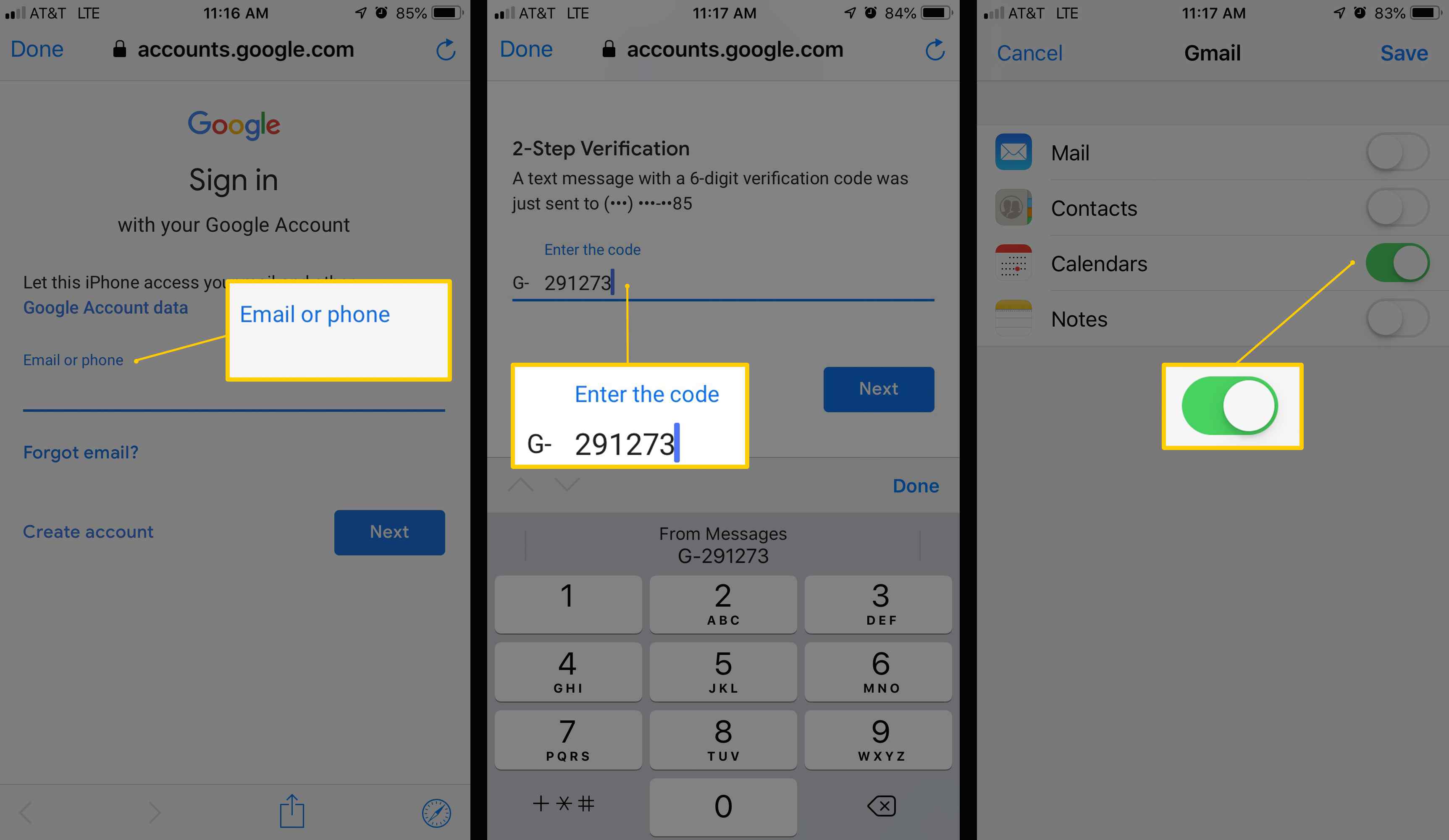 Tre iOS-skärmar som visar e-post- eller telefoninmatning, säkerhetskodinmatning och kalendrar växlar