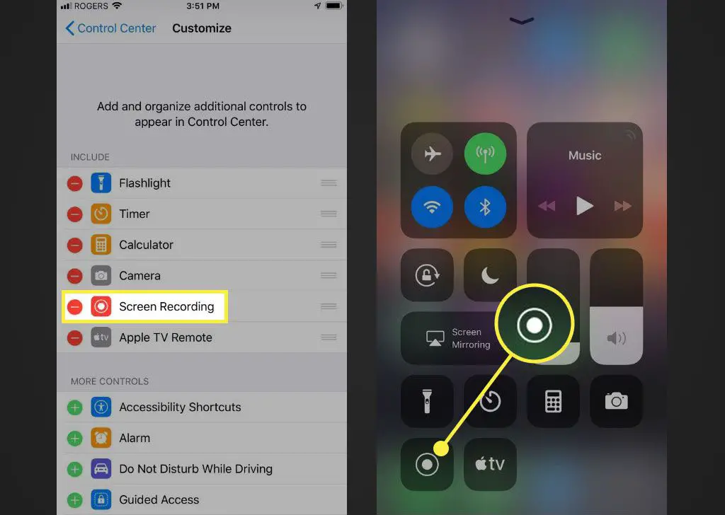 Alternativet och knappen för skärminspelning i iOS