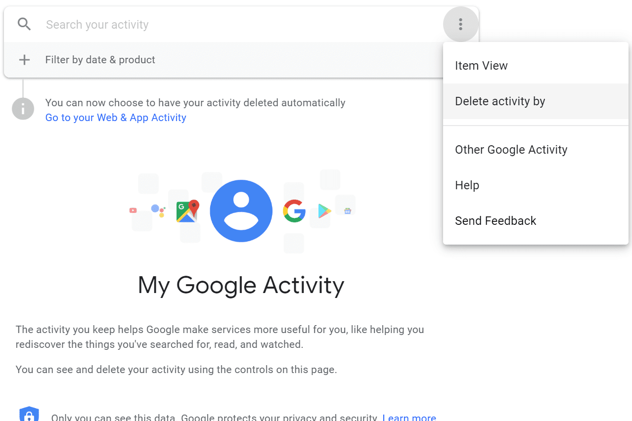 Google Radera aktivitet efter alternativ i ett Google-konto