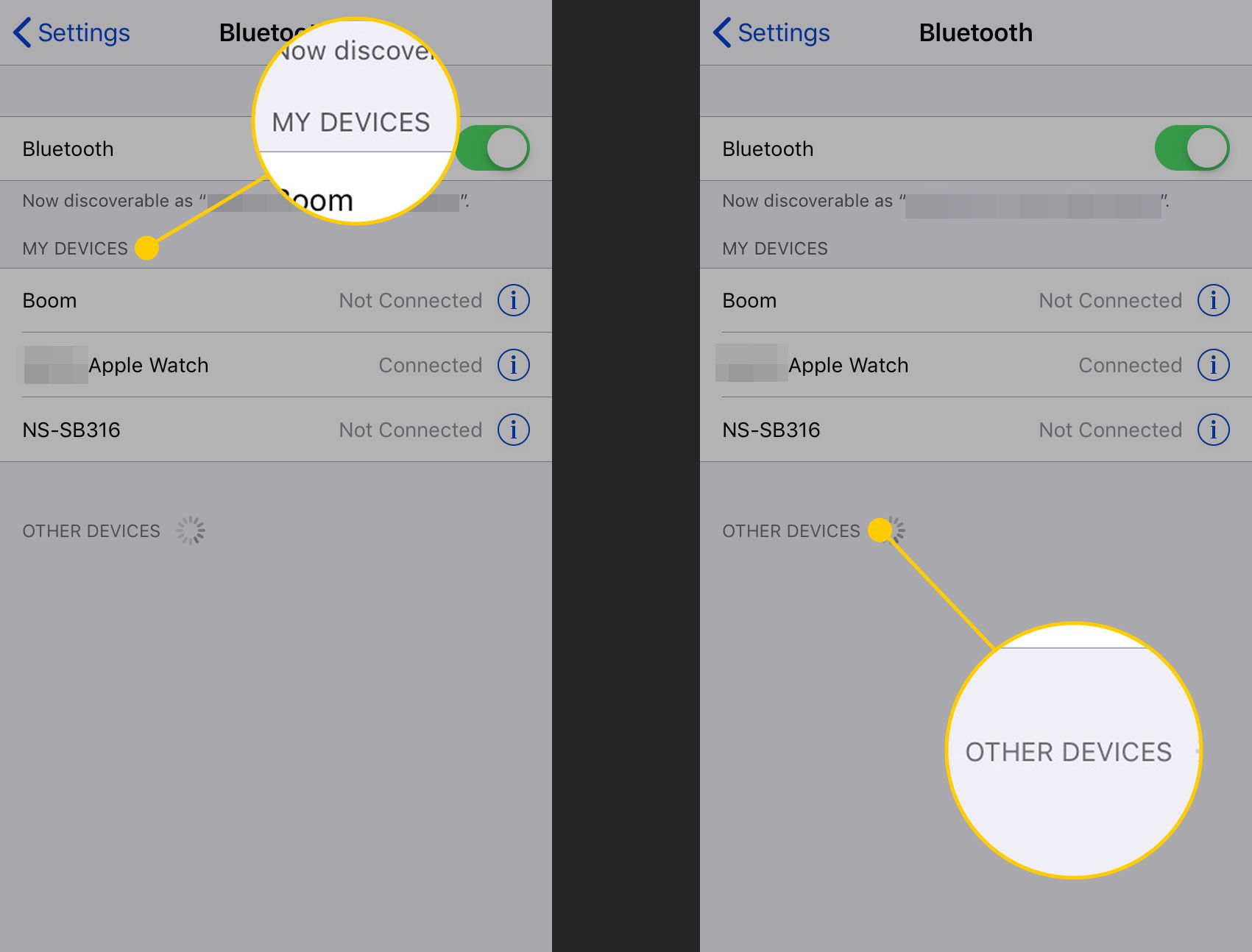 Skärmen för Bluetooth -inställningar på en iPhone