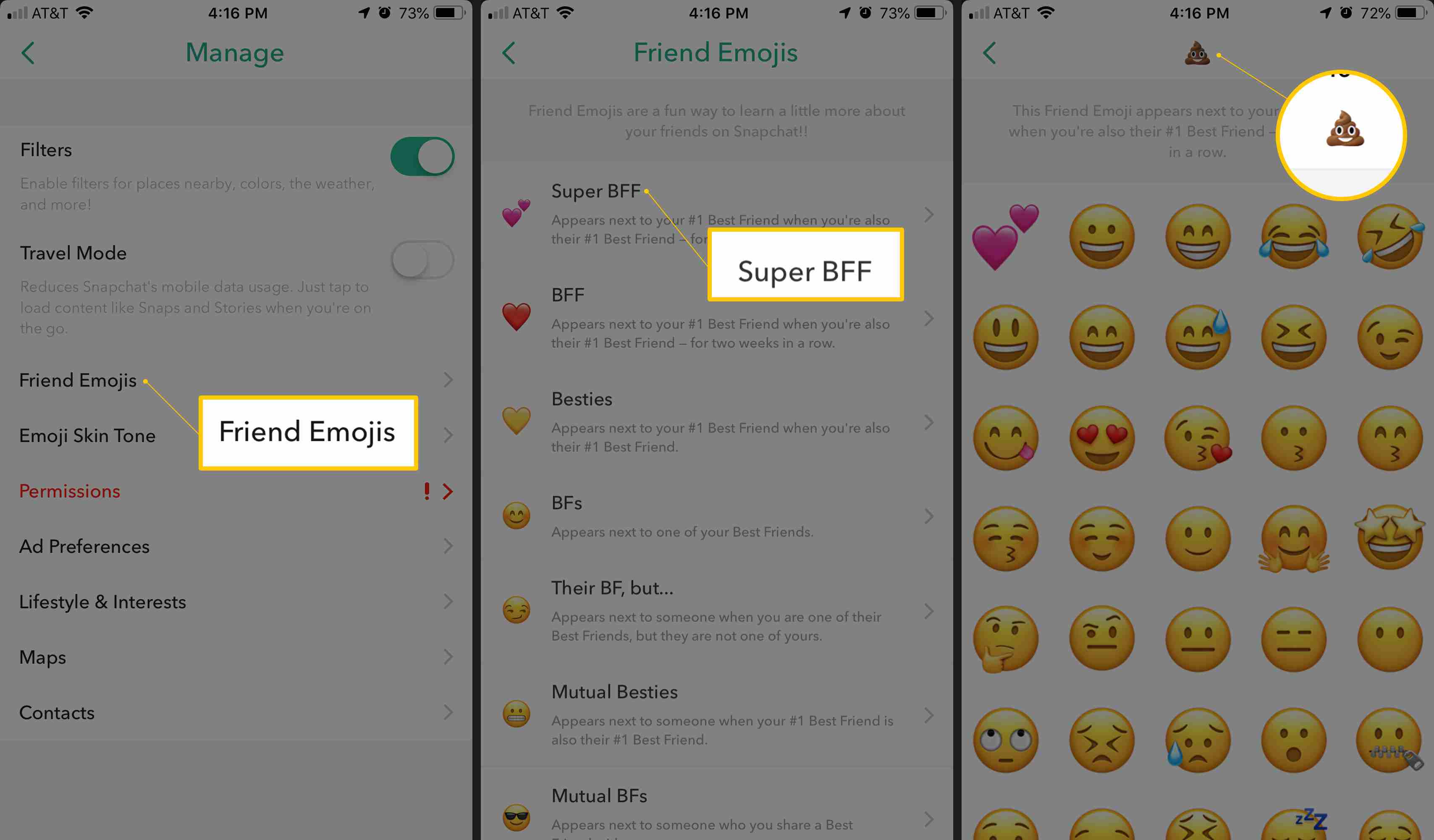 Friend Emojis, Super BFF och Pile of Poo emoji i Snapchat