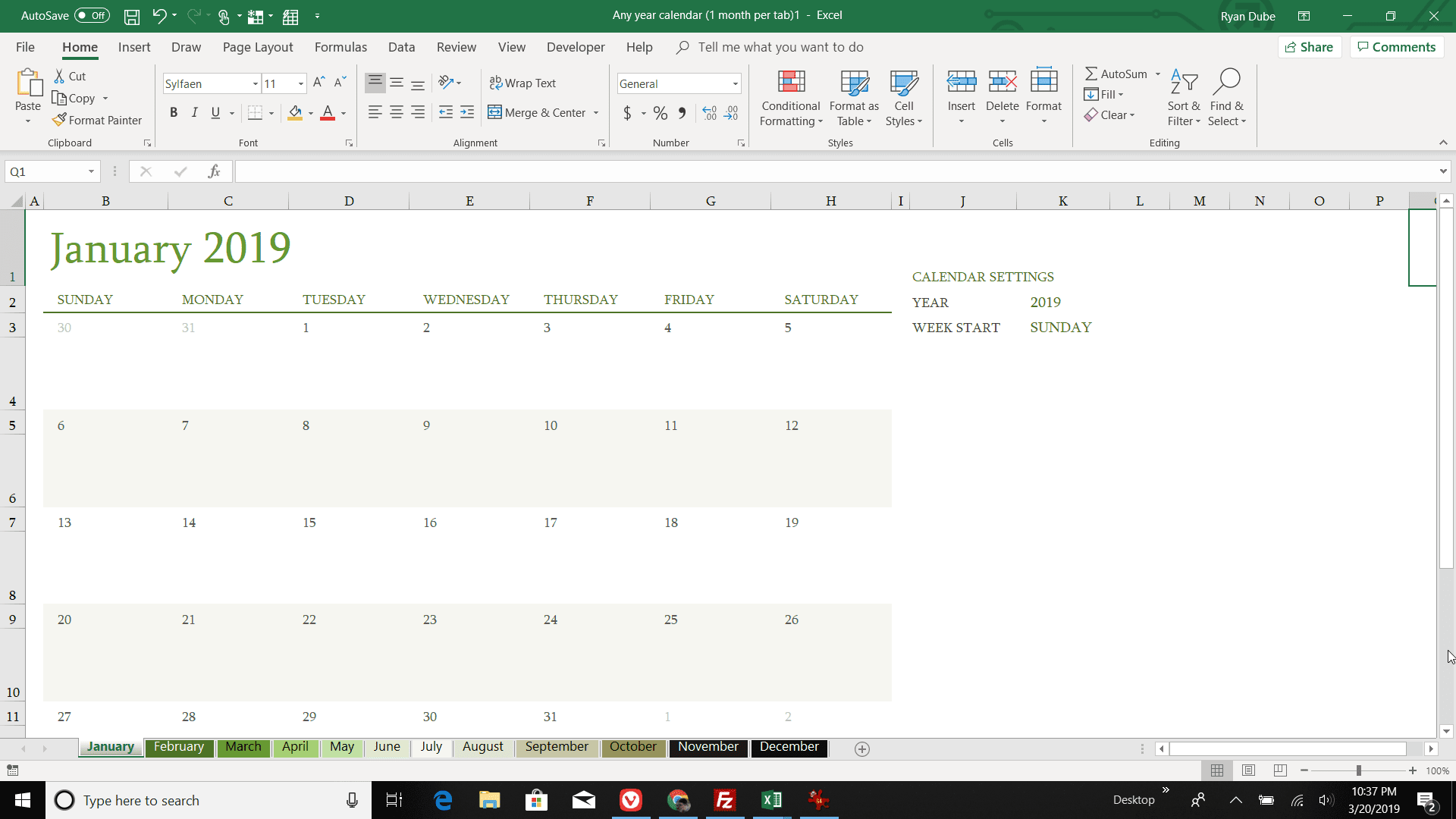 Skärmdump av att använda en kalendermall i Excel