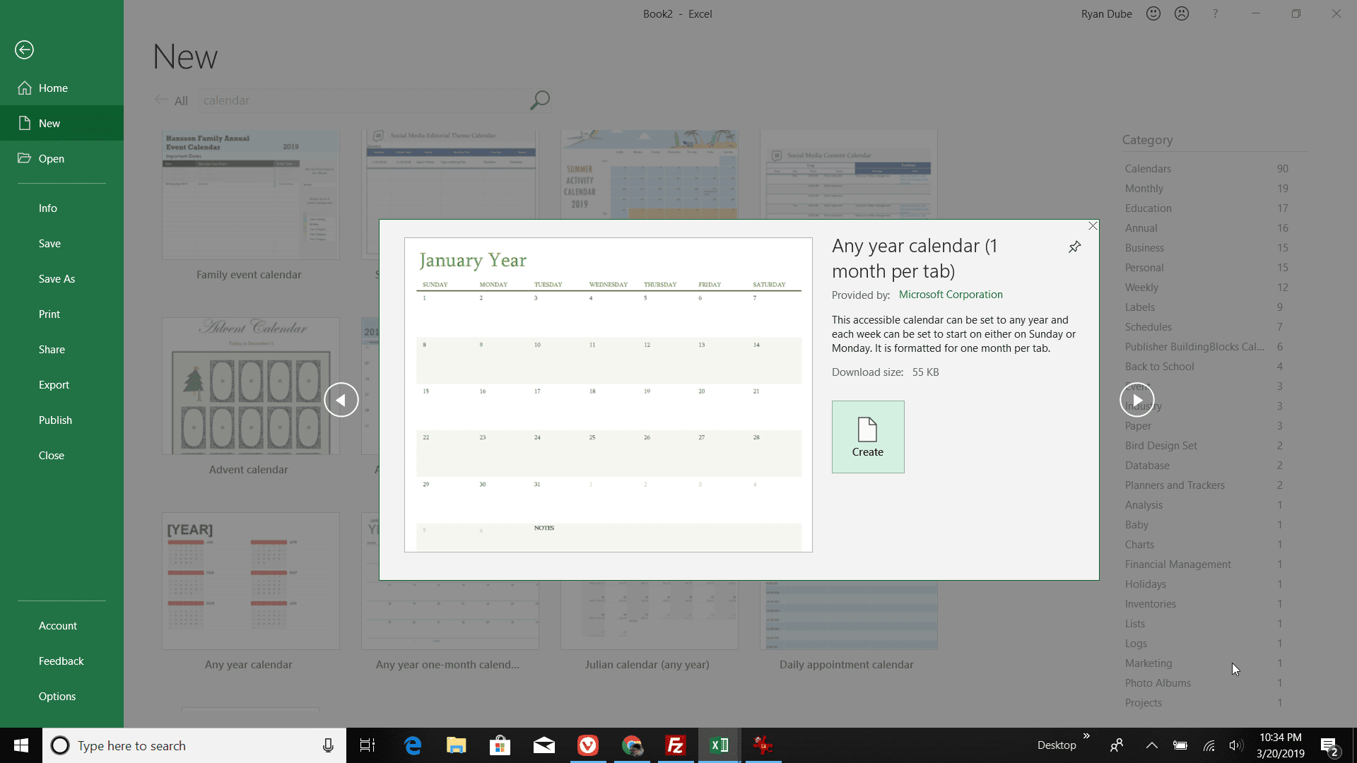 Skärmdump för att välja en kalendermall i Excel