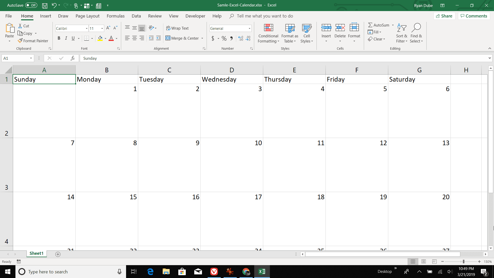 Skärmdump för att numrera dagarna i månaden i Excel