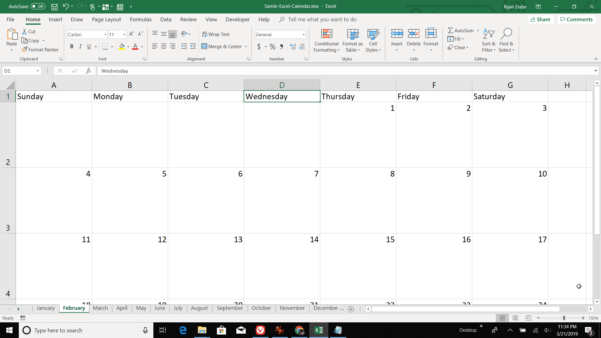 Skärmdump av numreringsdagar för februari i Excel