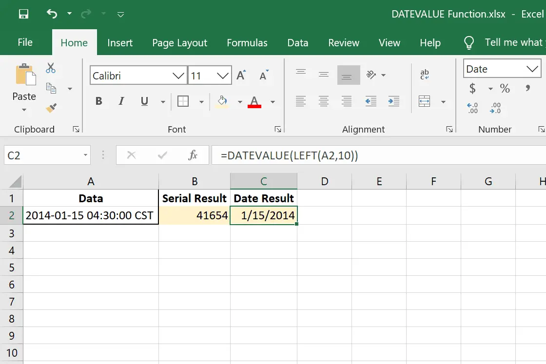 DATUMVÄRDE och VÄNSTER Excel-funktioner som används tillsammans