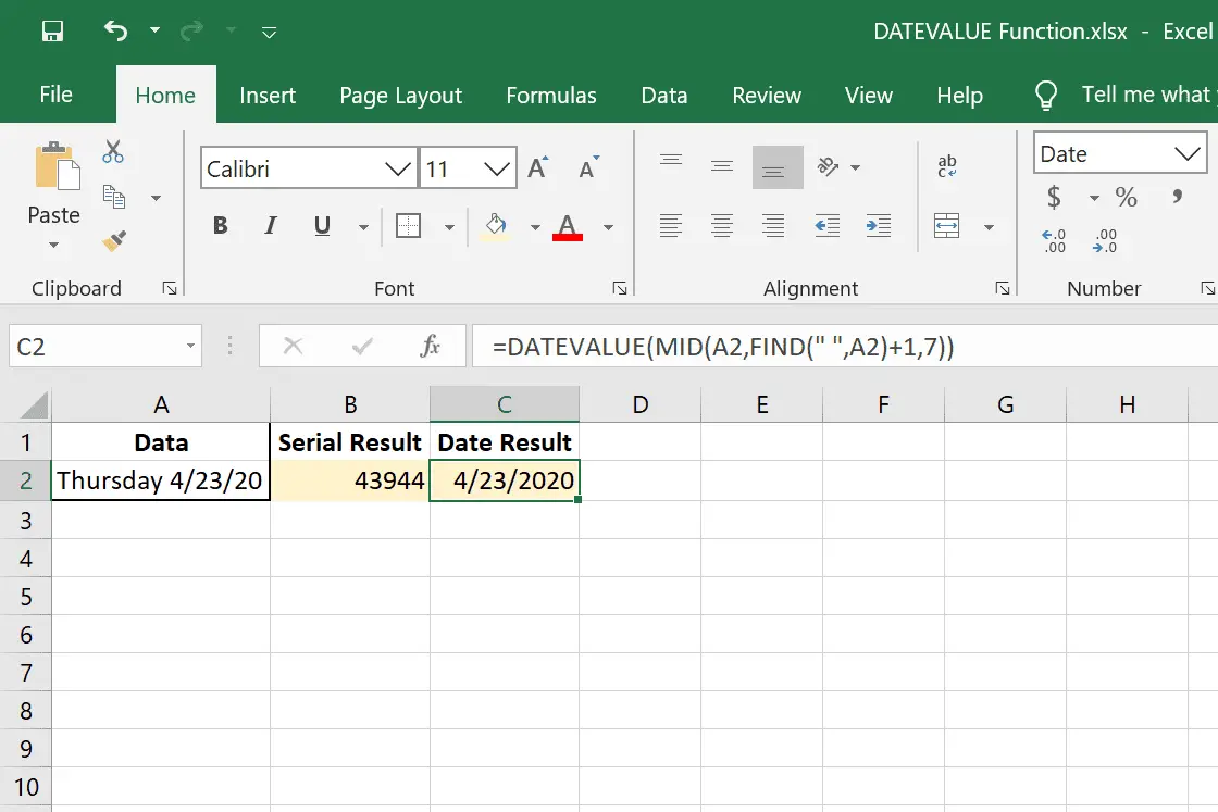 DATUMVÄRDE Excel-funktion i kombination med MID och HITTA