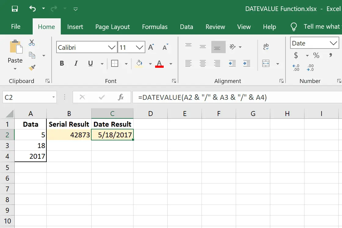 DATUMVÄRDE Exempel på Excel-funktion med tecken och tecken