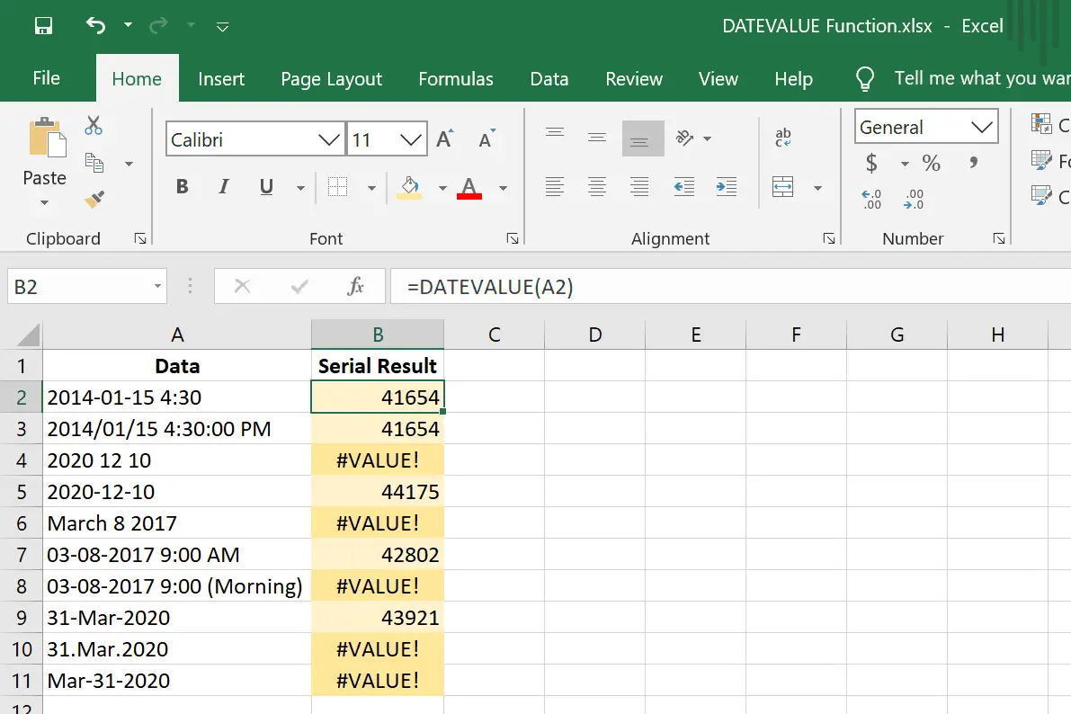 DATUMVÄRDE funktionsfel i Excel