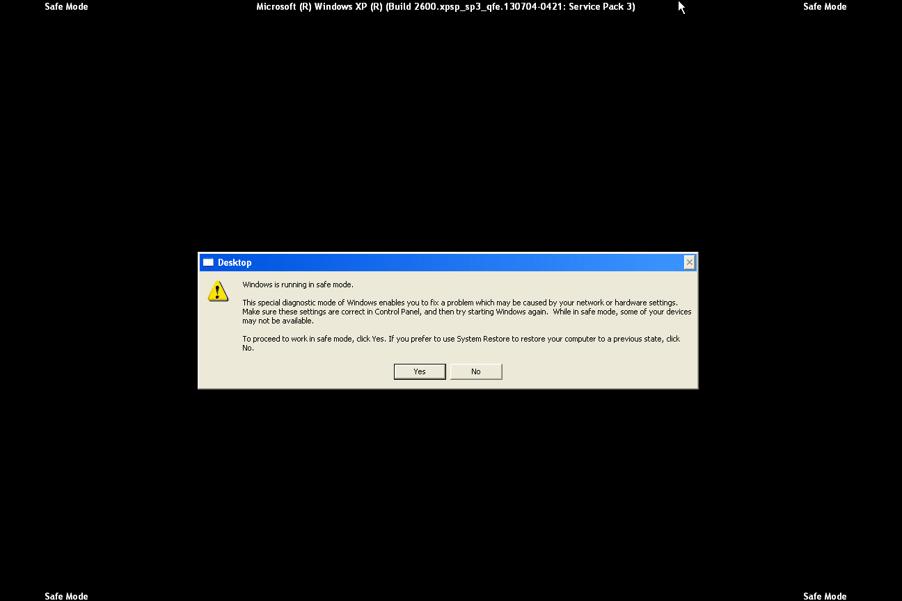 Skärmdump av Windows XP-skrivbordsmodulen Felsäkert läge