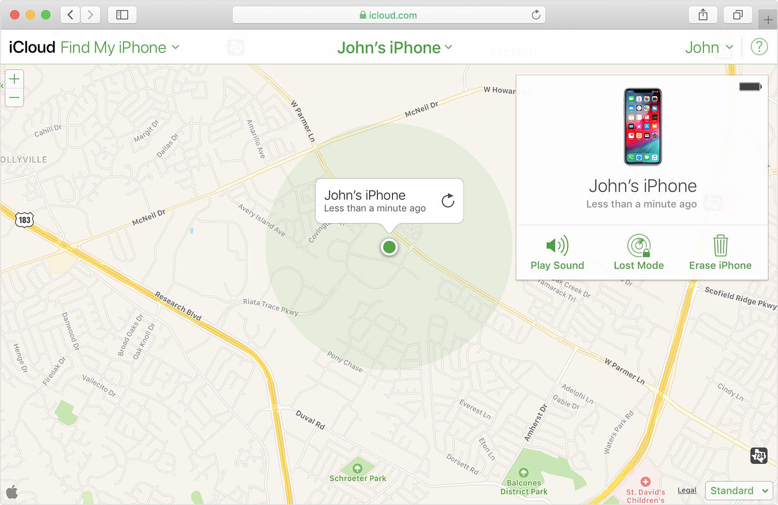 Johns iPhone på en karta via iCloud i Safari