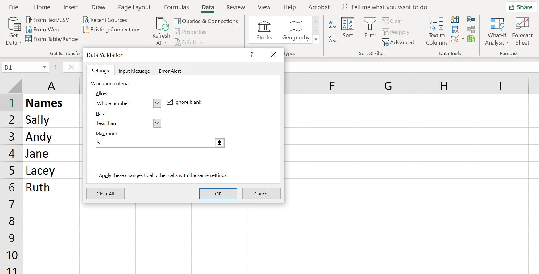 En skärmdump av Excels dialogruta för validering av data som visar fliken Inställningar.