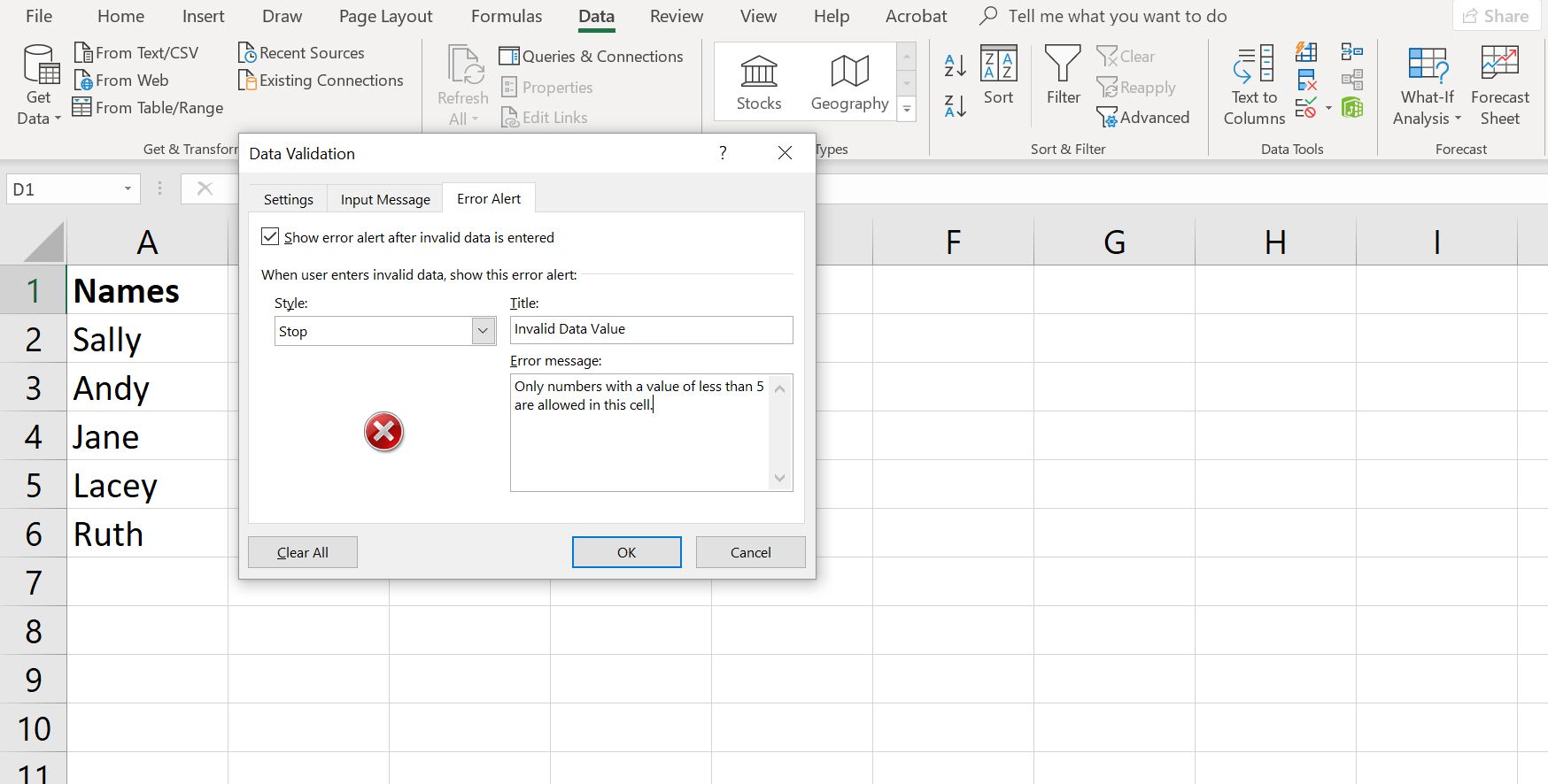 En skärmdump av Excels datavalideringsdialogruta som visar fliken Felvarning.