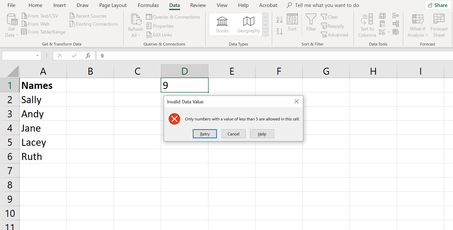 En skärmdump av Excels felmeddelande om datavalidering.