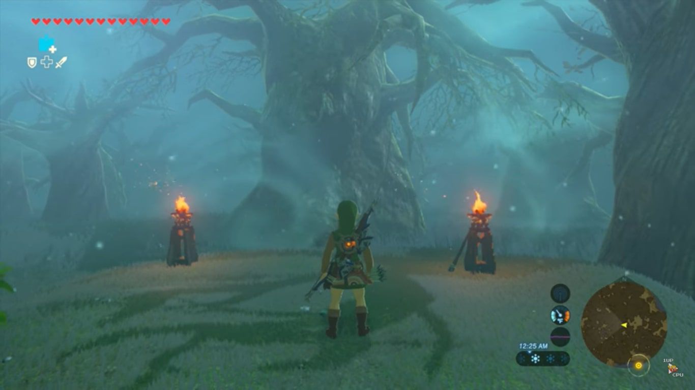 Länken står mellan två facklor i Zelda: BOTW