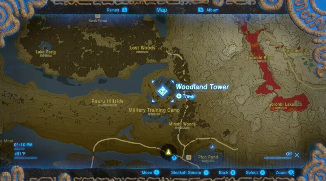 Woodland Tower söder om Lost Woods i Zelda: BOTW