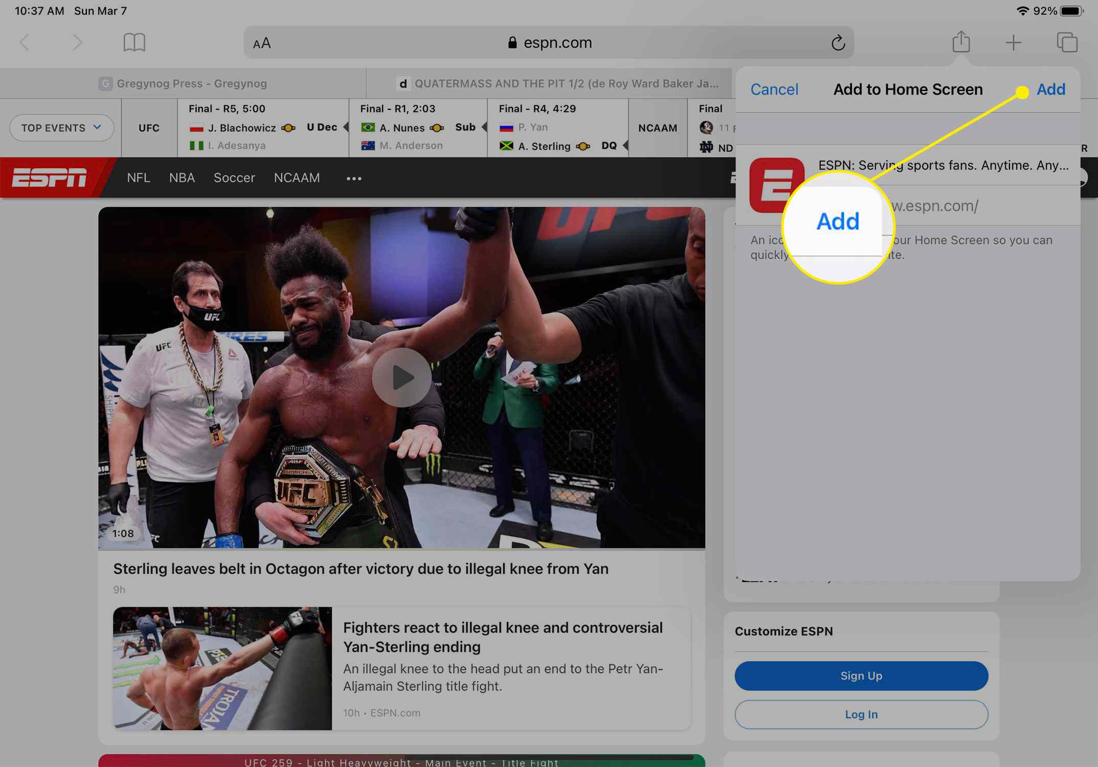 ESPN-webbplats på iPad med Lägg till markerad