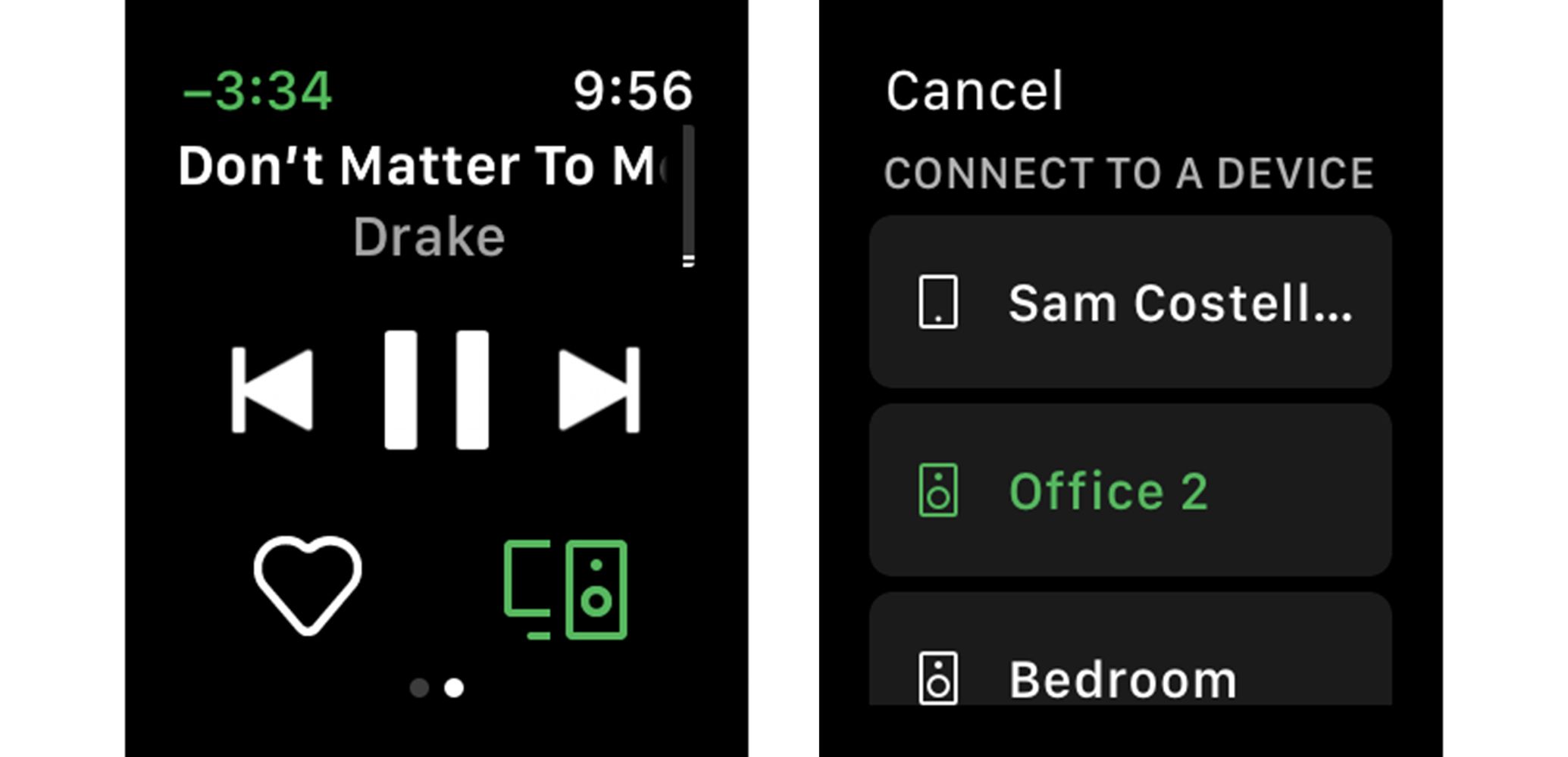Skärmbilder från Spotify en Apple Watch som visar hur man väljer vilken högtalare som ska spela upp ljudet.