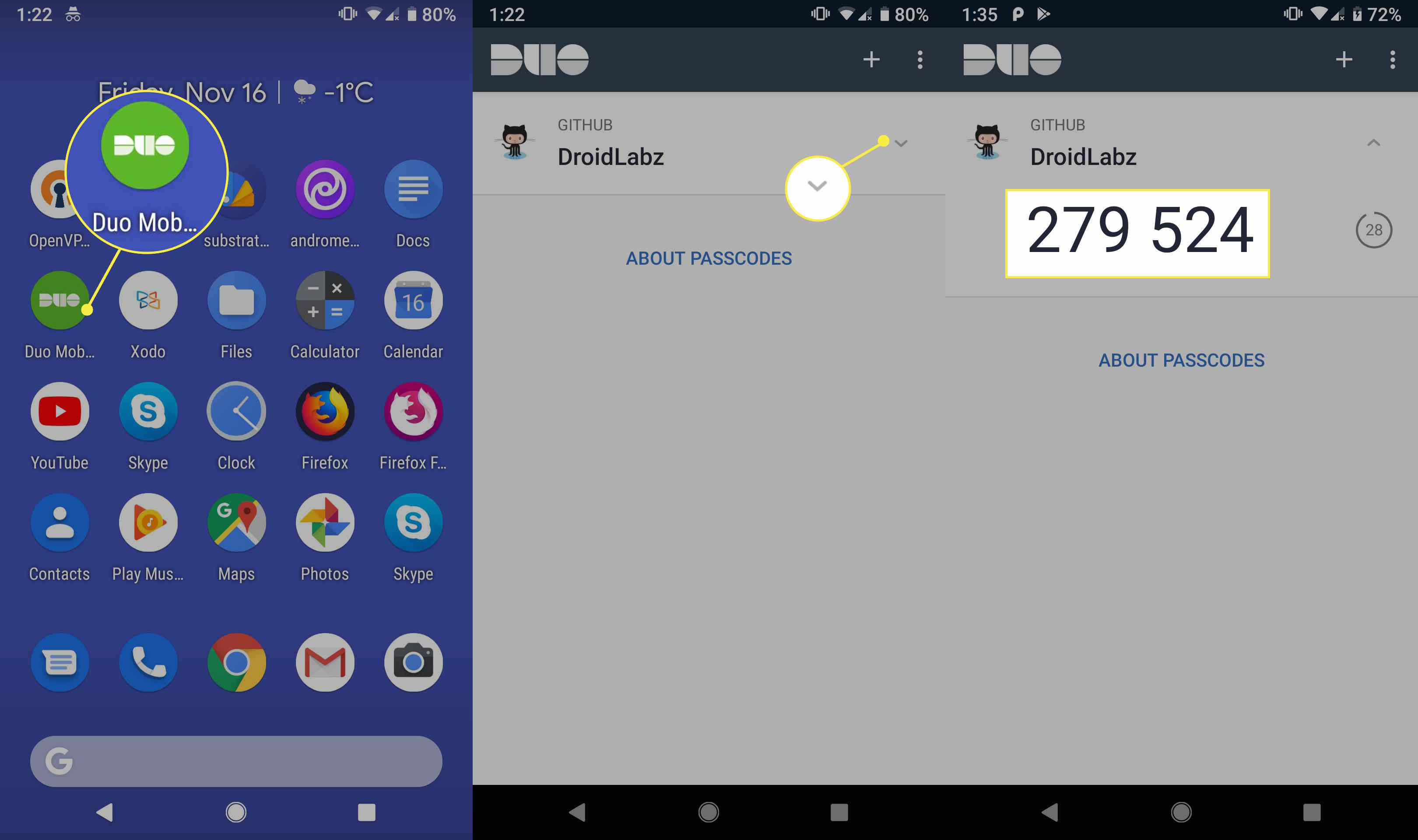 Duo Mobile genererar ett lösenord för ett tredjepartskonto.
