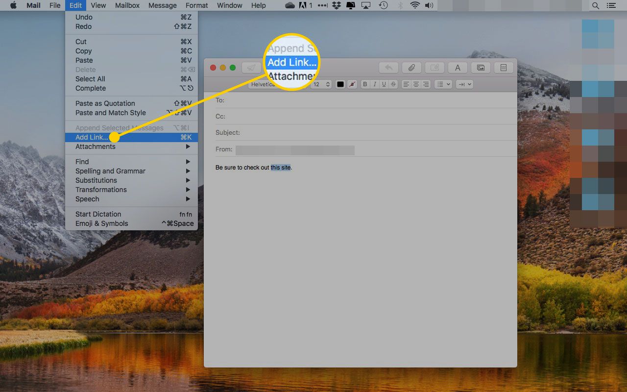 Alternativet Lägg till länk under menyn Redigera i macOS Mail