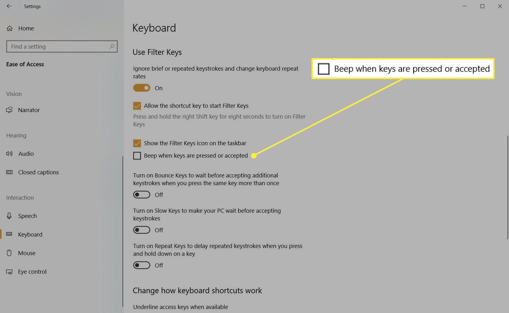 Filtrera nycklar i Windows 10 tangentbordsinställning.