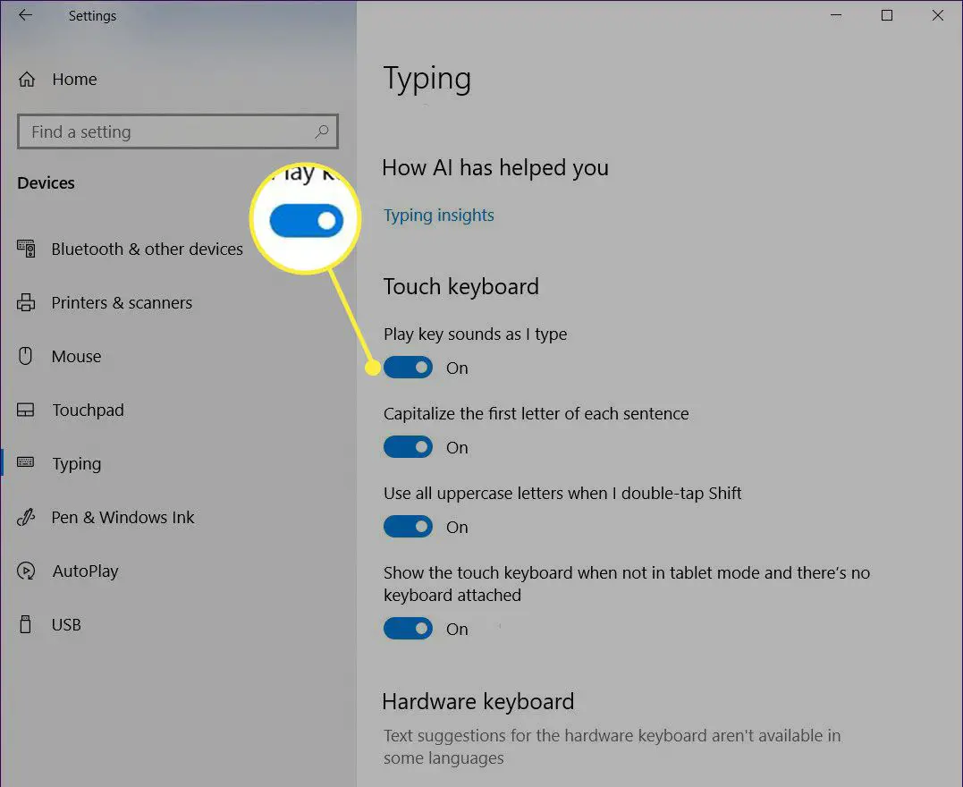 Peka på tangentbordet i Windows 10 Skrivinställningar.