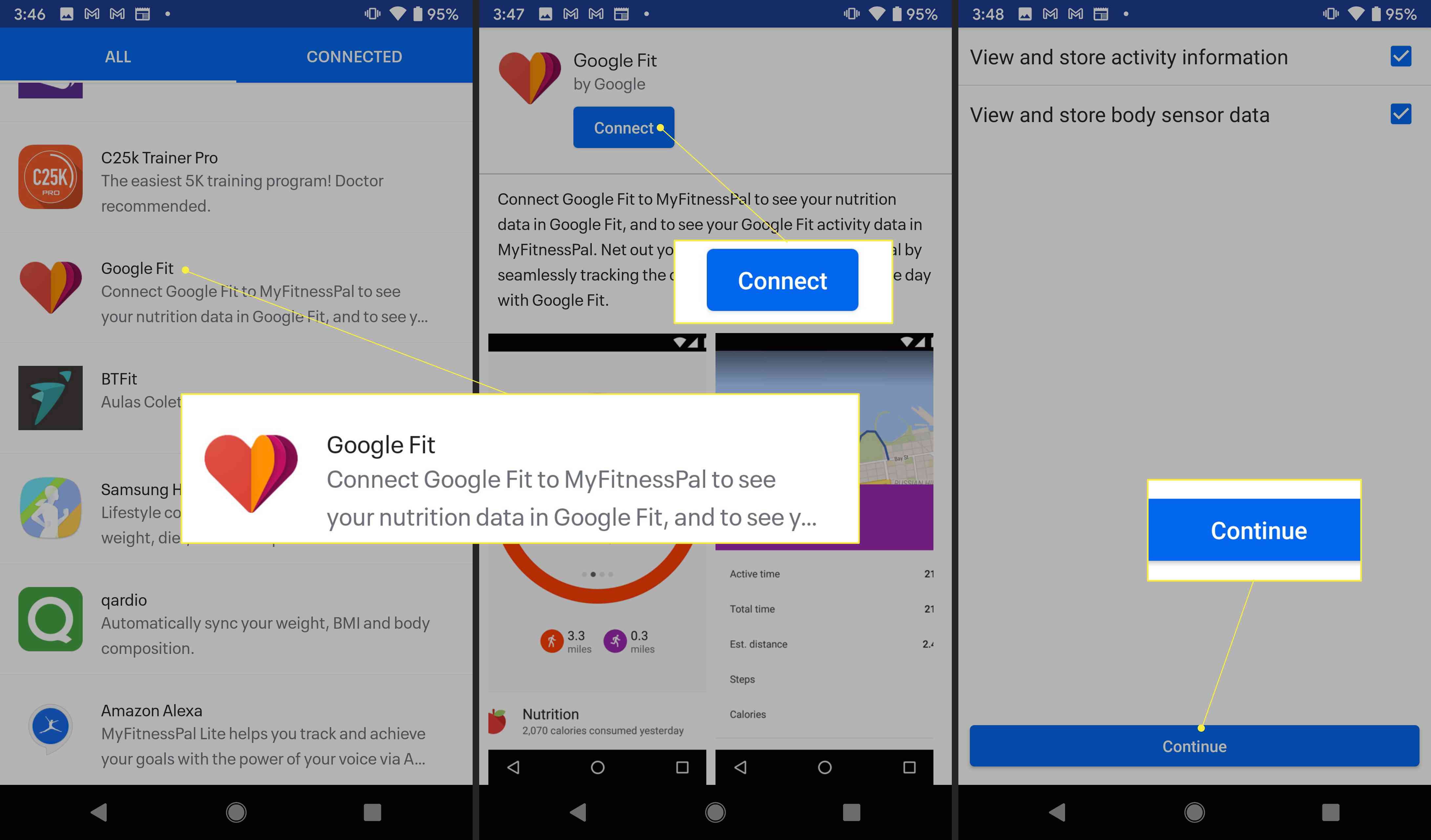 MyFitnessPal-appen med "Google Fit", "Connect" och "Fortsätt" markerad