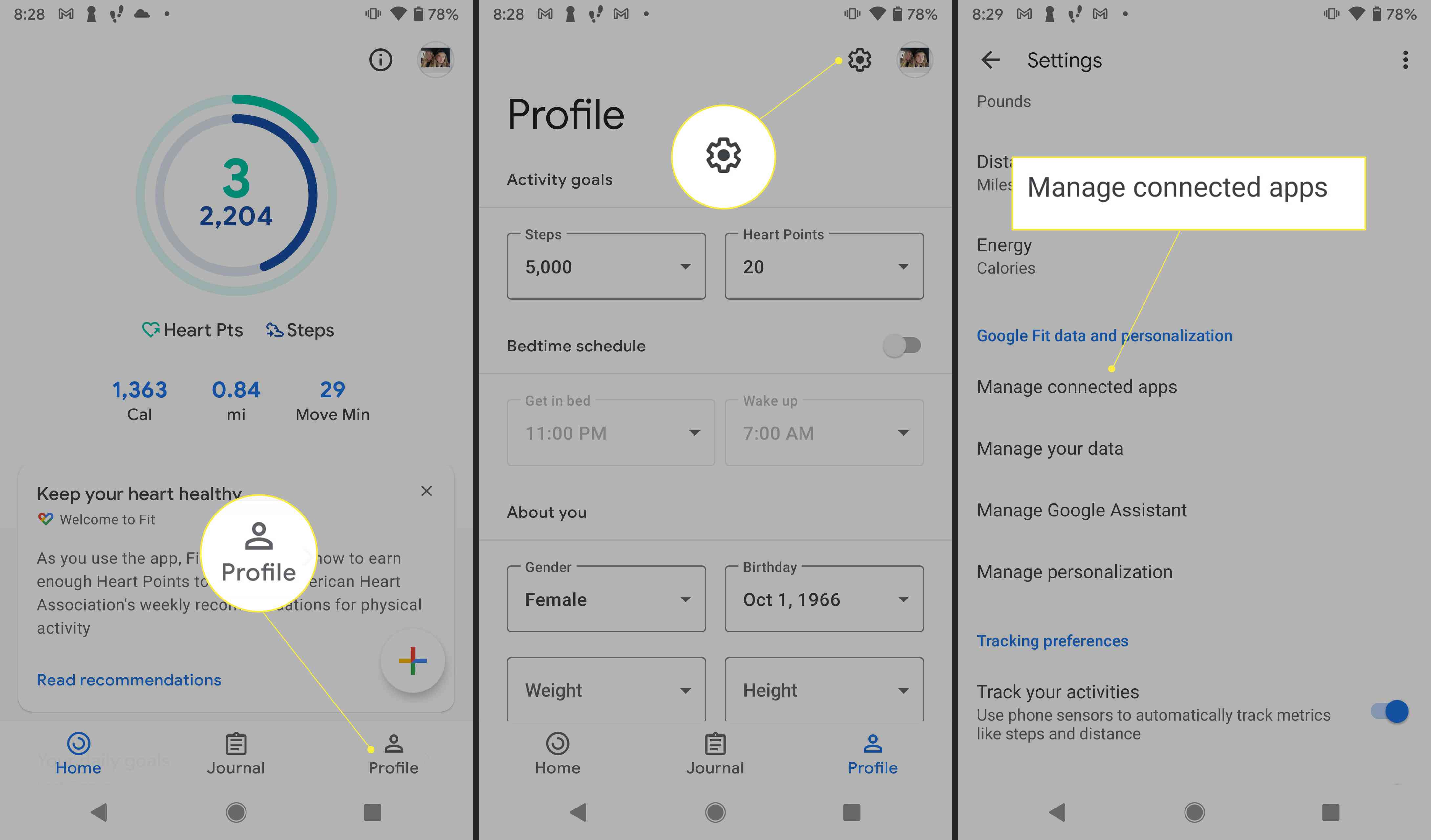Google Fit-appen med profil, inställningar och "Hantera anslutna appar" markerade