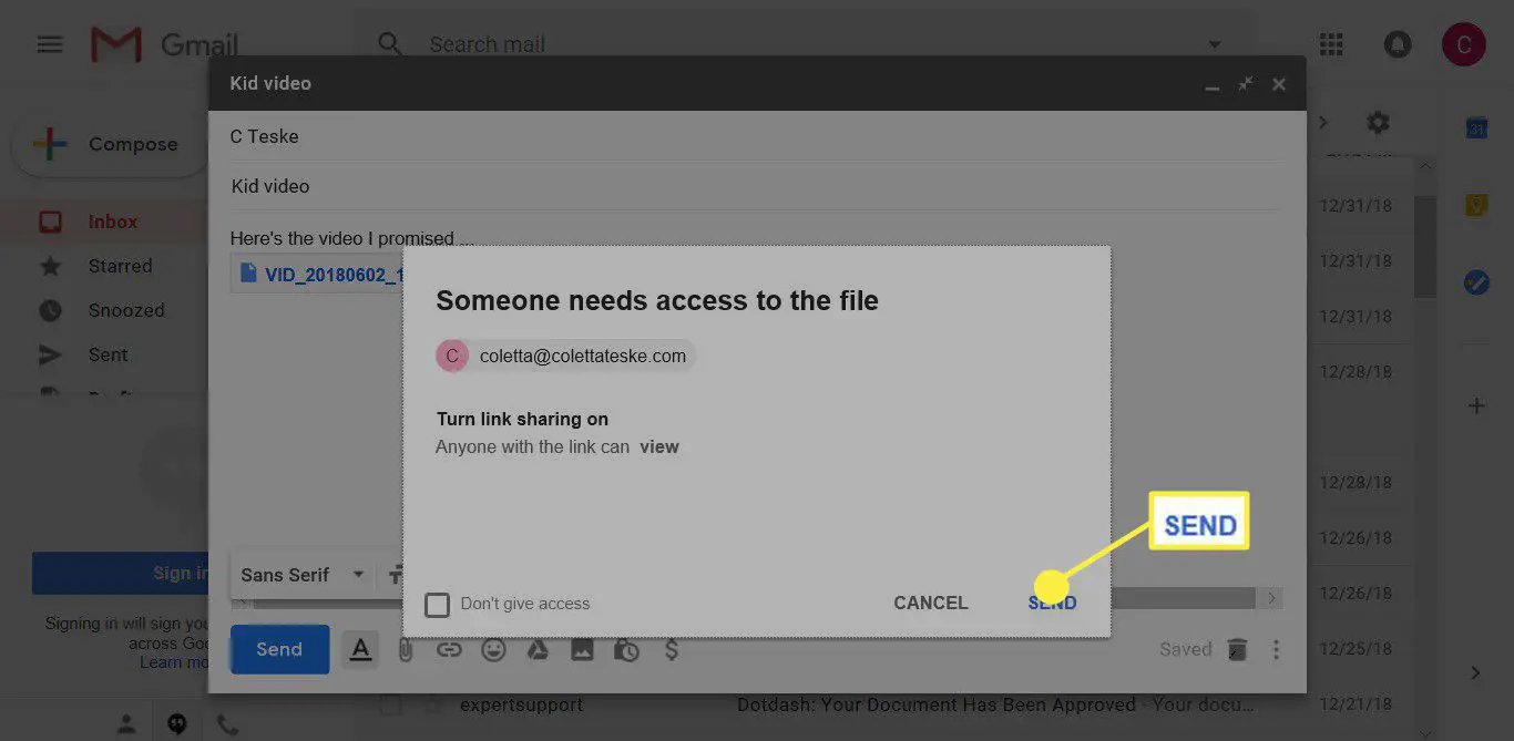 En skärmdump som visar hur du aktiverar länkdelning i Gmail och Google Drive