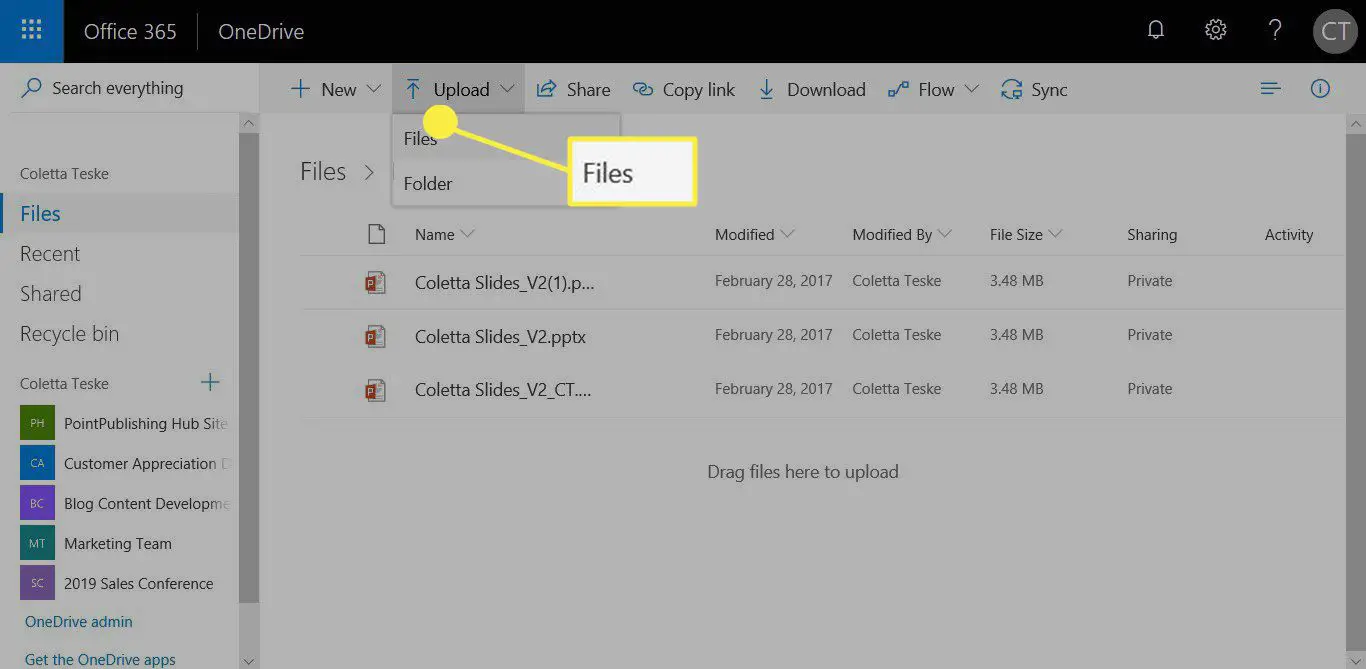 En skärmdump som visar hur du laddar upp en videofil till OneDrive
