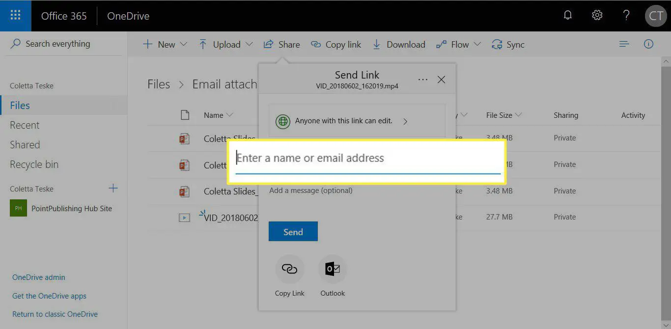 En skärmdump som visar hur du aktiverar delning och skickar ett e-postmeddelande som innehåller en länk i OneDrive och Outlook
