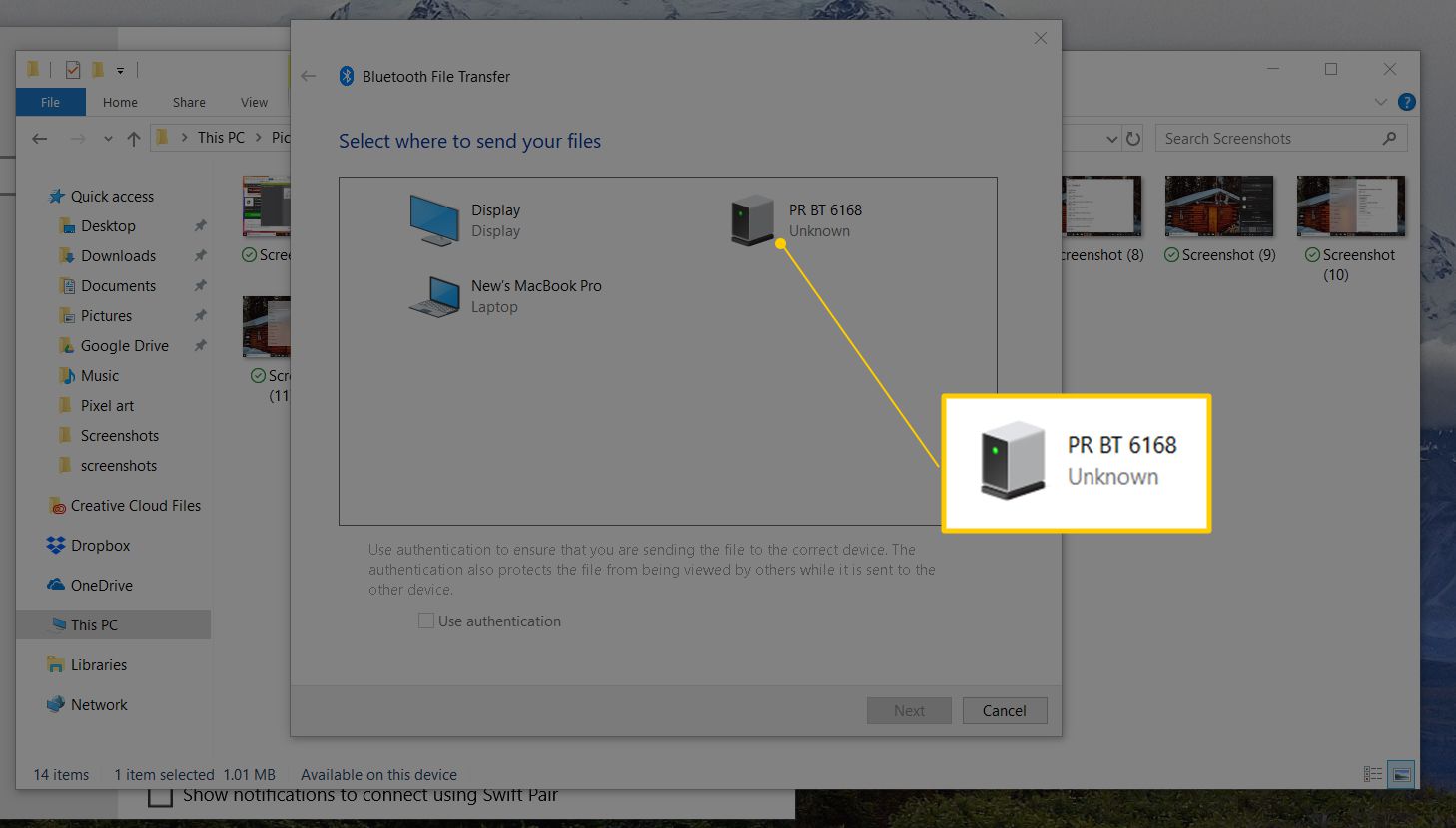 Vald enhet att skicka Bluetooth-fil till i Windows 10